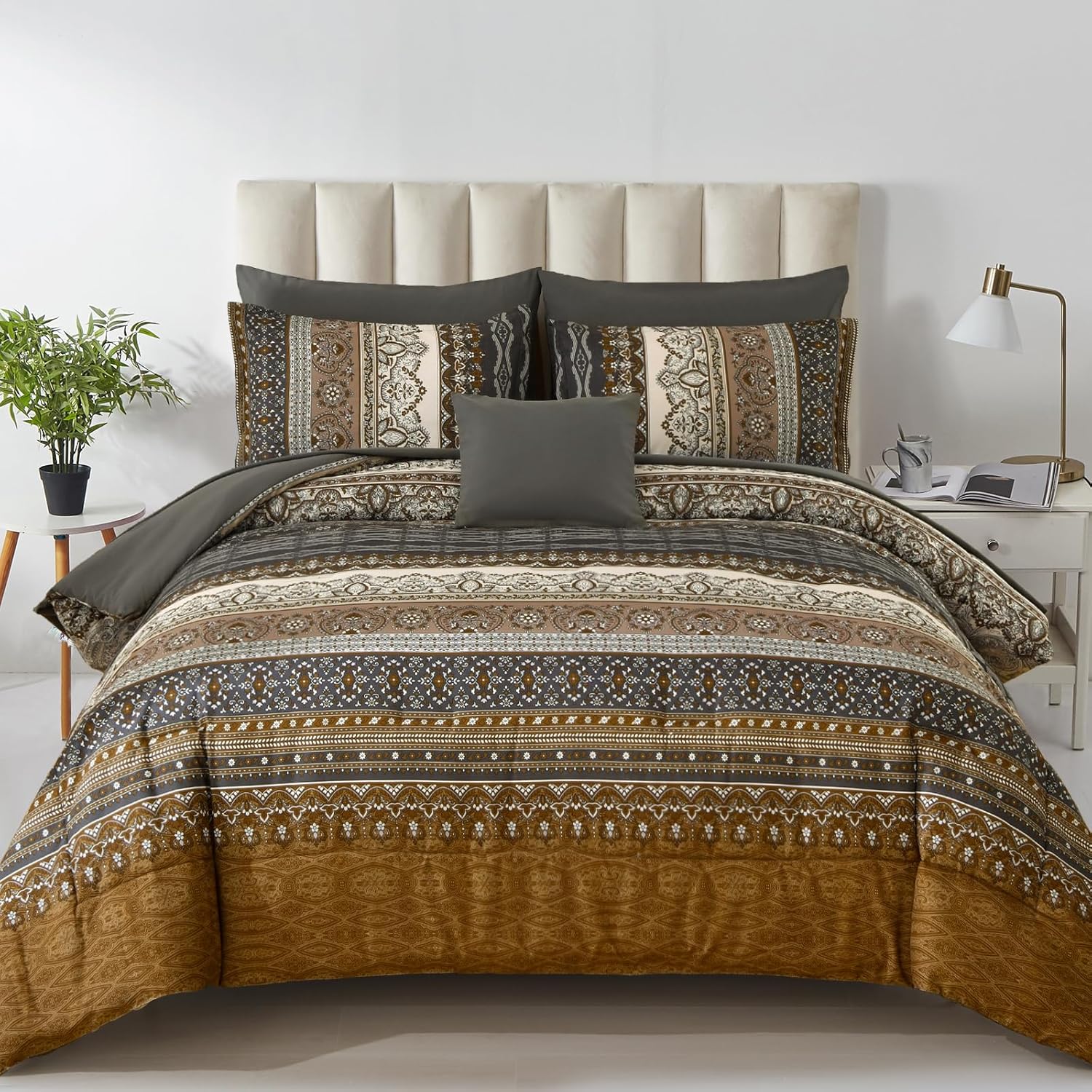 Boho King Comforter Set 8 Pieces,Brown Black Bohemian Comforter Paisley Striped Bed in A Bag,Soft Microfiber Bedding Set for All Season King Brown and Black