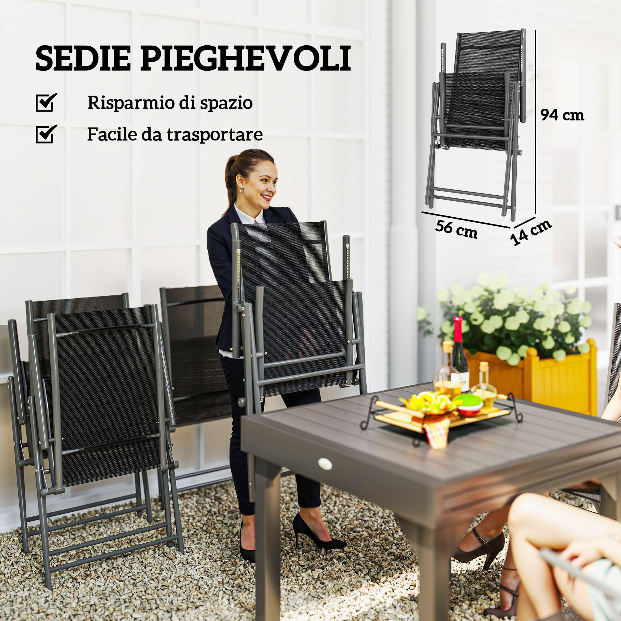 Outsunny Set Tavolo da Giardino con Sedie da 7 Pezzi 90/180cm Grigio e Nero | Set da Pranzo, Tavolo Allungabile, 6 Sedie da Esterno Pieghevoli con Braccioli, Mobili, Acciaio e Textilene