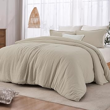 PHF Cotton Muslin Comforter Set King, Ultra Soft Breathable, Taupe | 100% Cotton Cover with Polyester Fill,3PCS Lightweight All-Season Bedding, 1 Comforter 104"x90" & 2 Pillow Shams 20"x36"