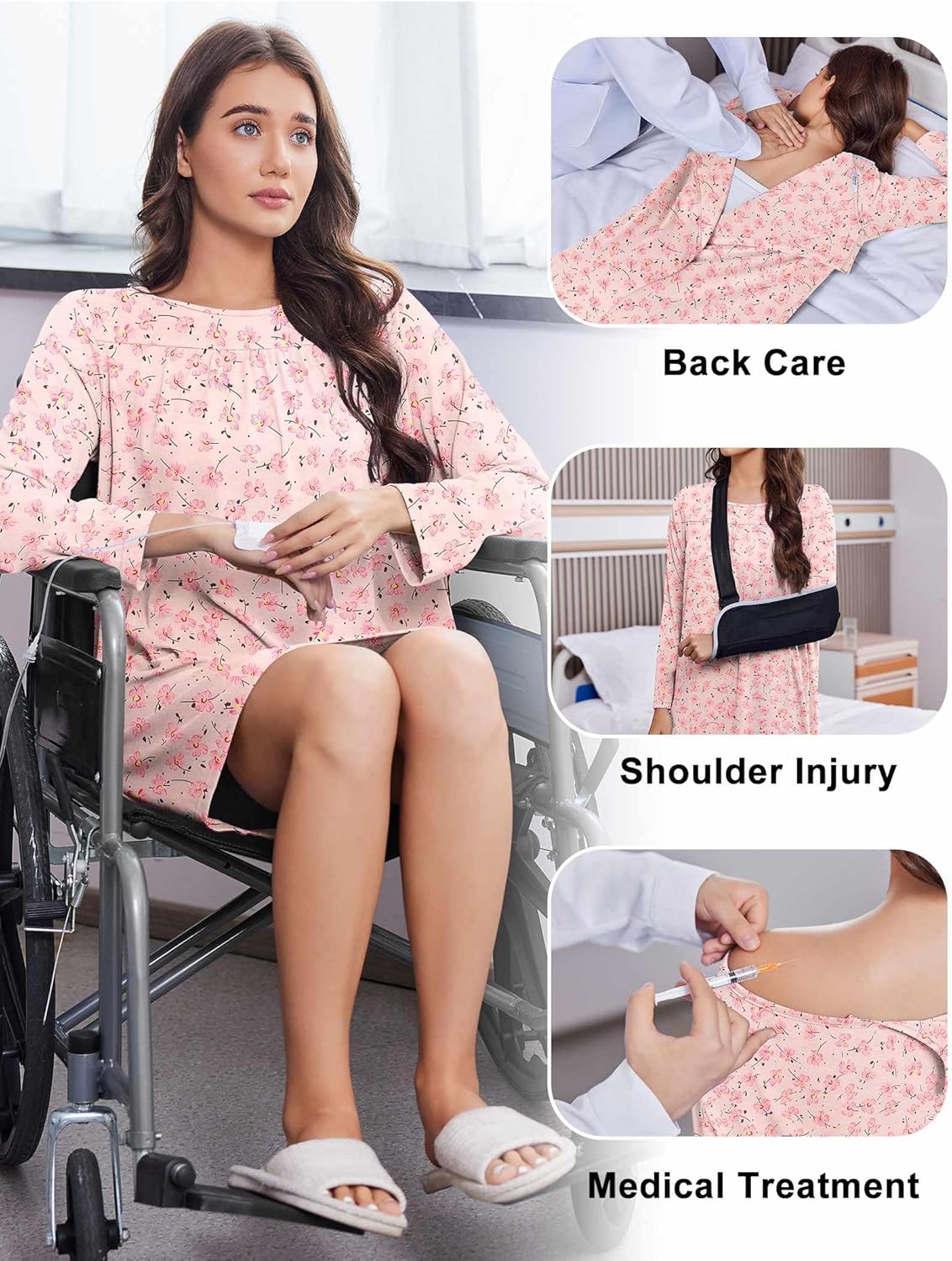 Deyeek Hospital Gowns for Women Open Back Tear Away Post Surgery Dress Long Sleeve with Shoulder Snaps Adaptive Nightgowns - Image 4