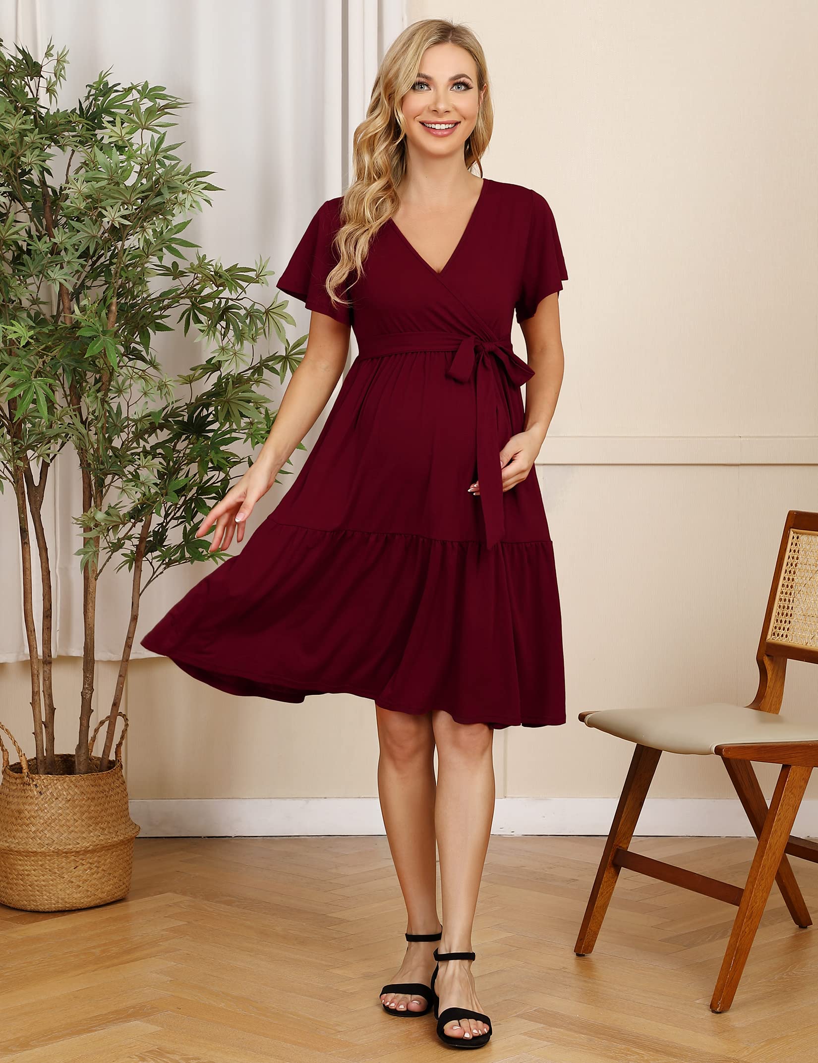 KOJOOIN Damen Umstandskleid V-Ausschnitt Stillkleid Casual Schwangerschafts Kleider mit Rüsche(Verpackung MEHRWEG)