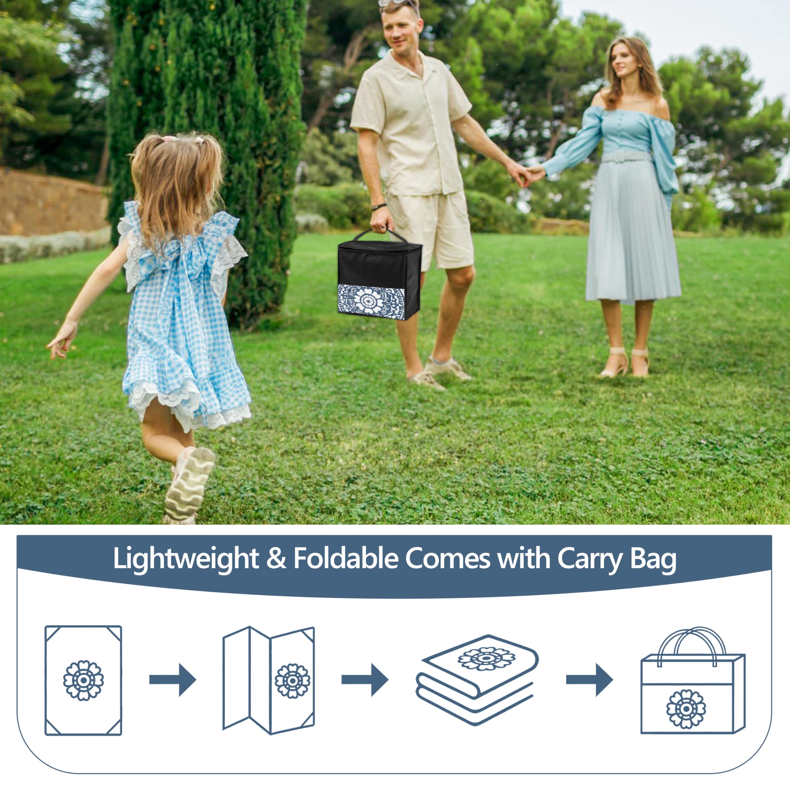 Tapis d'extérieur Rond pour terrasse 240cm réversible imperméable et Pliable bohème pour Camping-carTapis de Pique-Nique et de Camping pour RV, Balcon, Plage, terrasse, Bleu/Blanc