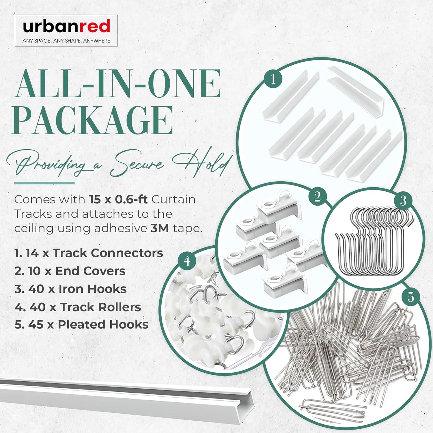 UrbanRed 16.4FT Self Adhesive Curtain Track with 45 Pcs Pinch Pleat Hooks, No Drill Ceiling or Wall Mount Curtain Rail System for Drapes, Room Divider, Traverse Pleater Curtain Hangers – Non-Flexible