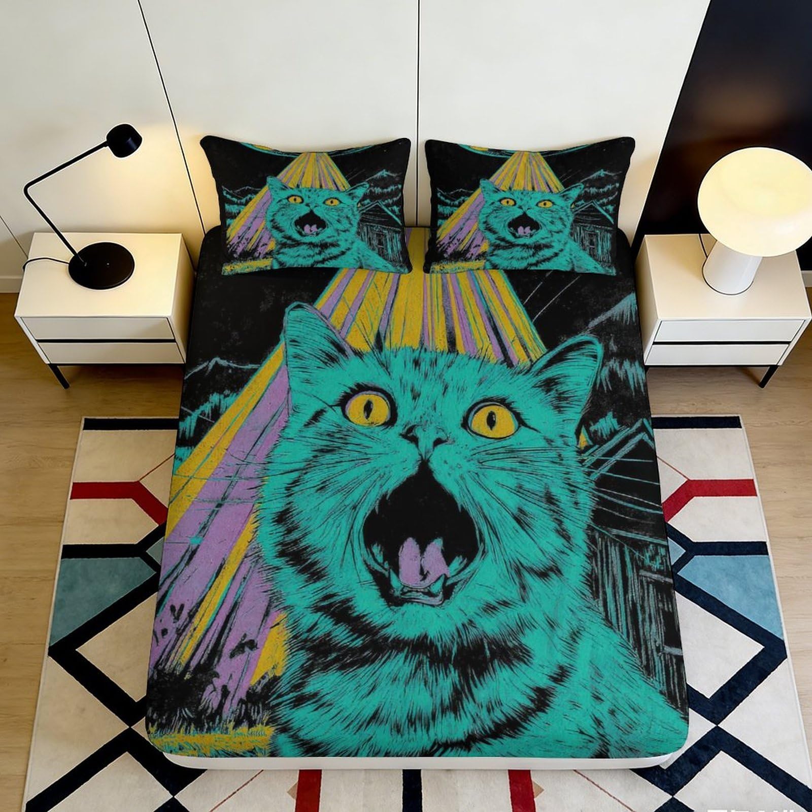 3D Printed Neon Cat Art Fitted Sheet Microfiber Vibrant Shocked Cat Bed Cover for Bedroom Guest Room Decor 90x200x25cm