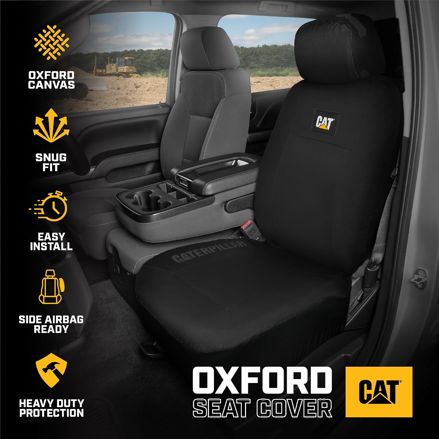 CAT DuraDrive Car Front Seat Cover – (2) pc, Black Oxford, Heavy Duty Protection, Semi-Universal Fit – Durable Water-Resistant Auto Seat Protector for Truck, SUV, Sedan – Easy Install & Washable