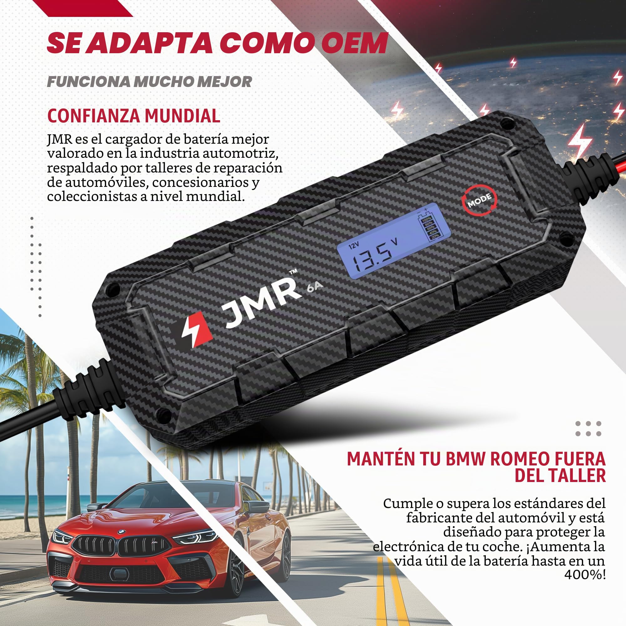 JMR Cargador de Bateria para BMW M5 M4 X6 X5 i8 Z4 M8 M760i Alpina M6 M3 Todos los Modelos Mantenedor de Carga Acondicionador (Sin Modo Litio)
