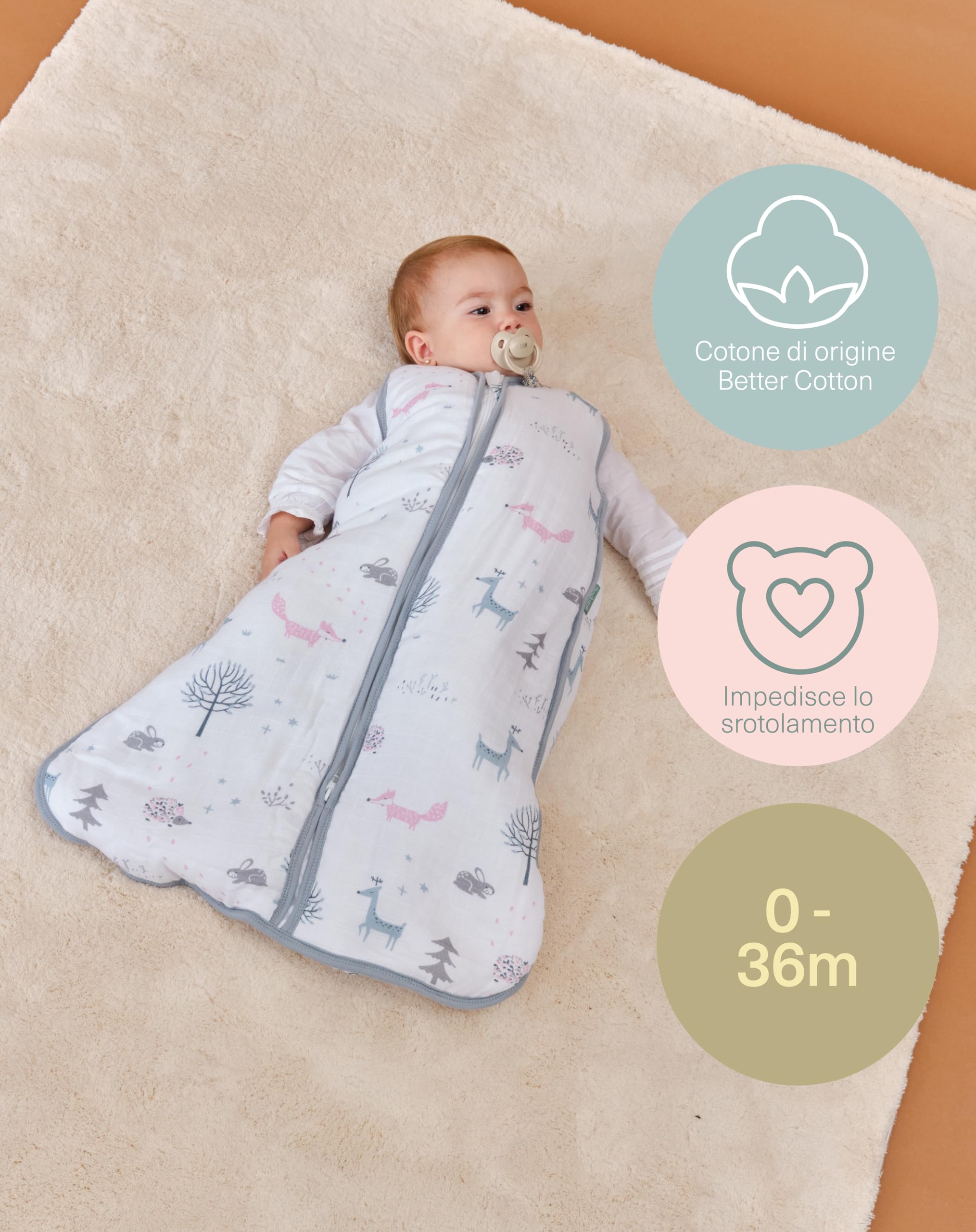 molis&co - Sacco Nanna 2.5 TOG - Sacco nanna imbottito invernale per Neonati da 6-18 mesi (85 cm) - Mussola Premium - Senza Maniche - Forest