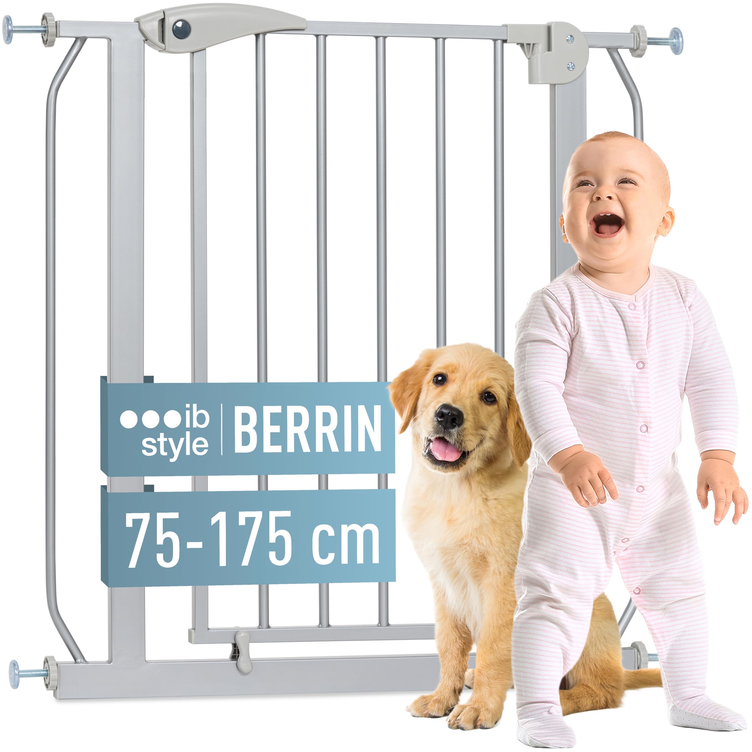 ib style Cancelletto per Bambini di Sicurezza Berrin - Scale e Porte, Senza forature, Metallo, 90° Stop, Anche per Cani e Animali Domestici, Grigio, Larghezza: 75-85 cm