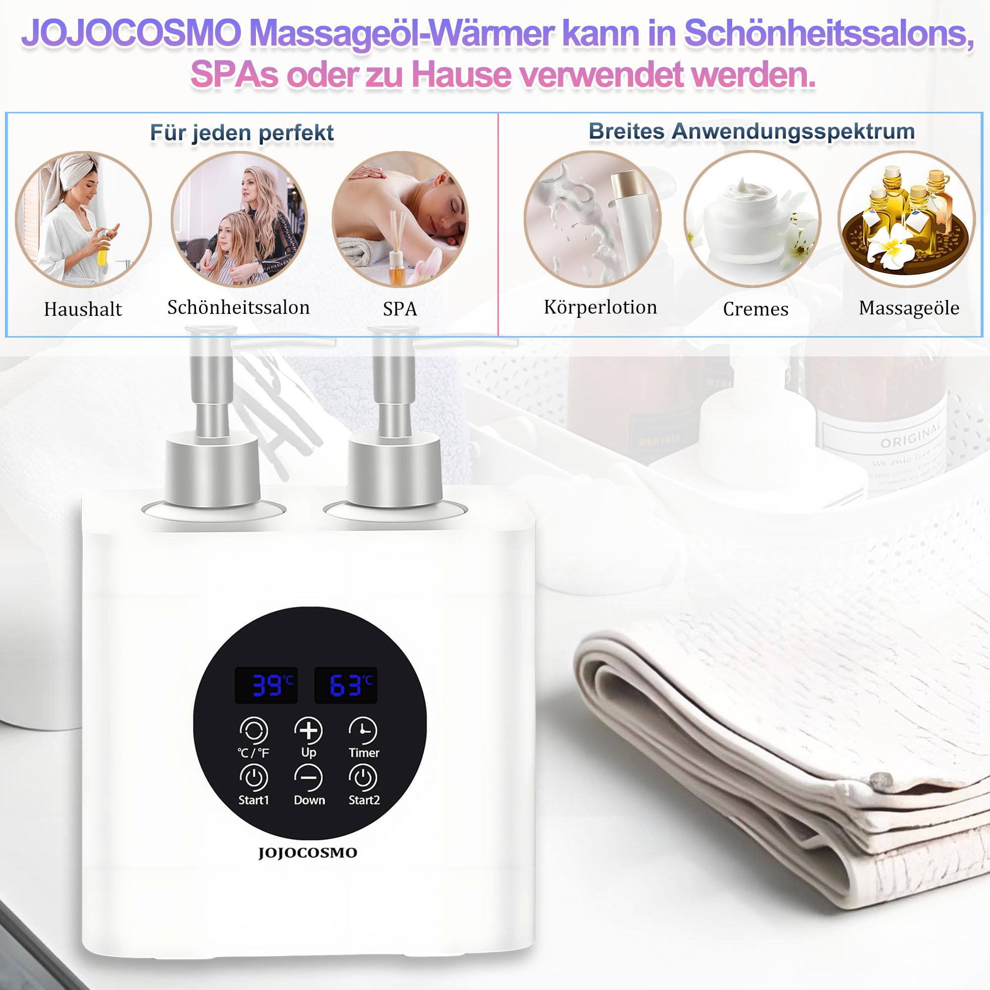 Doppelt beheizter Massageöl-Wärmer mit vier Ölflaschen-Spendern, stufenloser Wärmer 86-149 ℉, Weiß