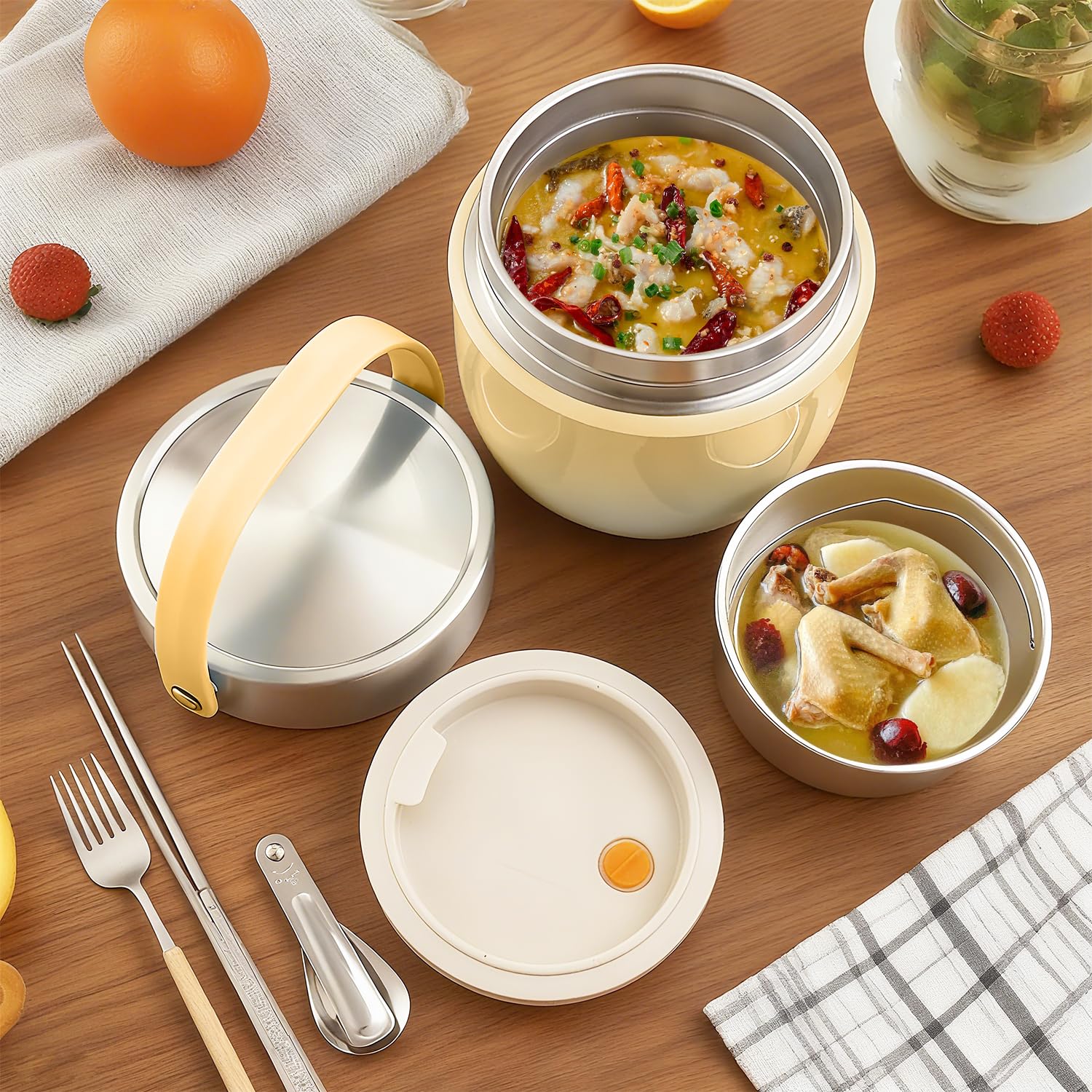 DUBUOZA 1200ml Thermobehälter für Essen Thermoschüssel mit Deckel Lunchbox Thermo Zur Aufbewahrung von Brei,Suppe,Obst,Joghurt und Mittagessen (Gelb) 