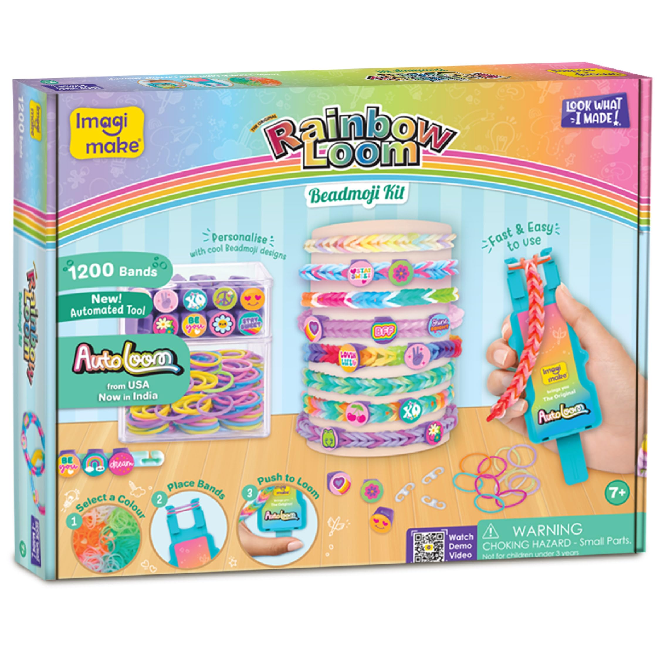 Imagimake Rainbow Loom Beadmoji Bracelet Making Kit | 1200+ Colourful Bands & Beadmoji Beads with Auto Loom Tool | DIY Art & Craft Kit | Creative Gift for Kids 7+-image-10