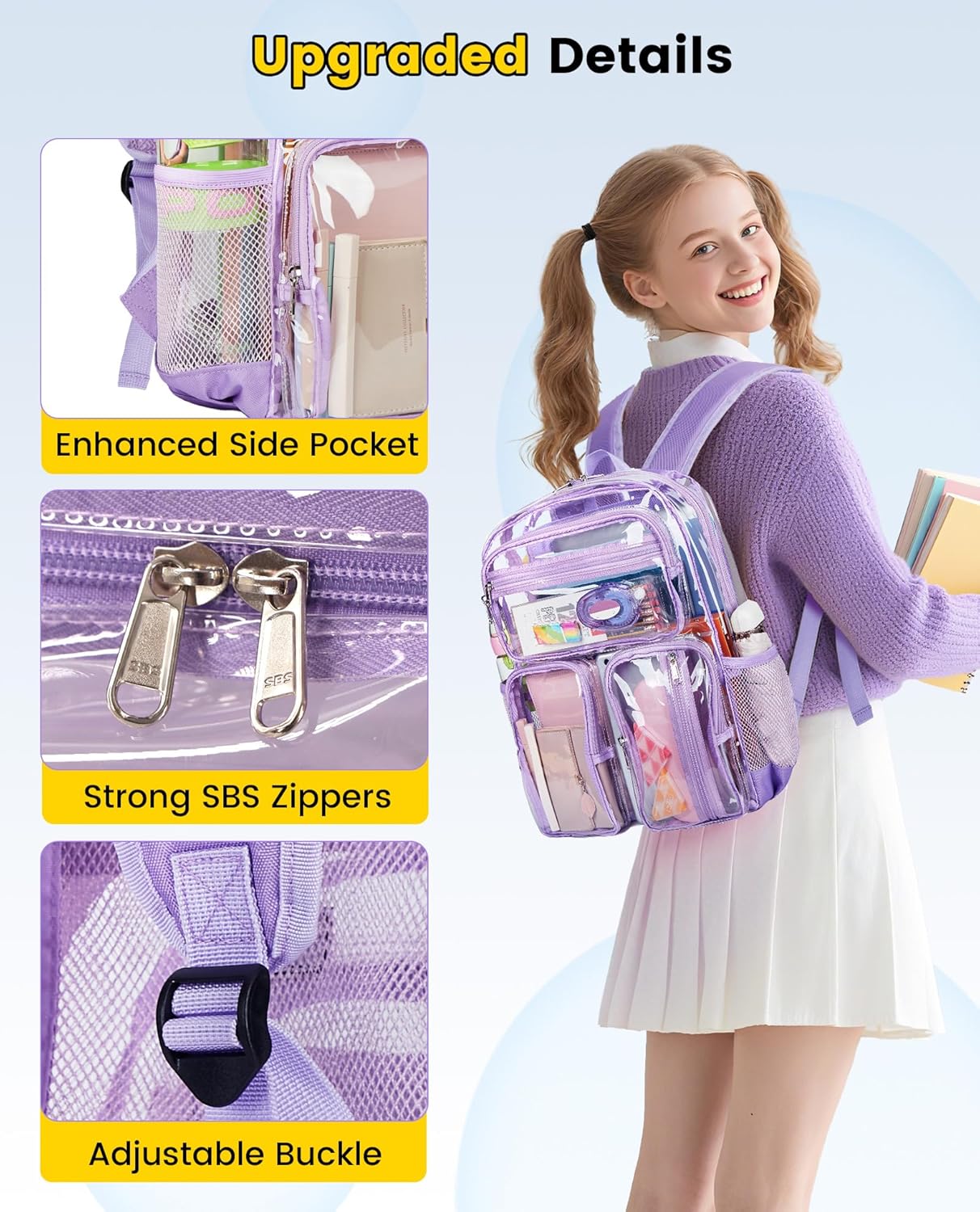 Vorspack Clear Backpack for School - Heavy Duty See Through Bookbag for Girls Boys Large Transparent Backpacks for Work, Travel, Festival - Purple - Image 5