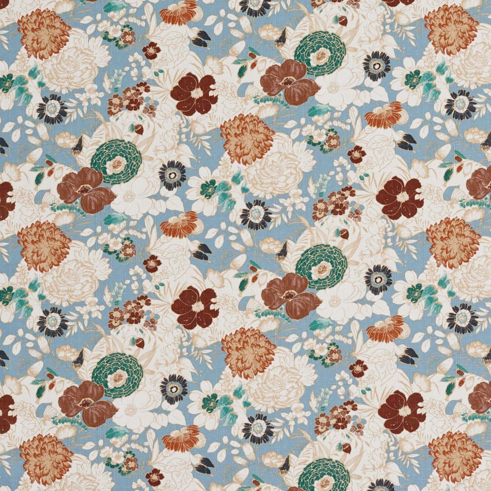 Light Blue, Brown and Green Abstract Floral Print Upholstery Fabric by The Yard - SKU: Garfield Bluestone