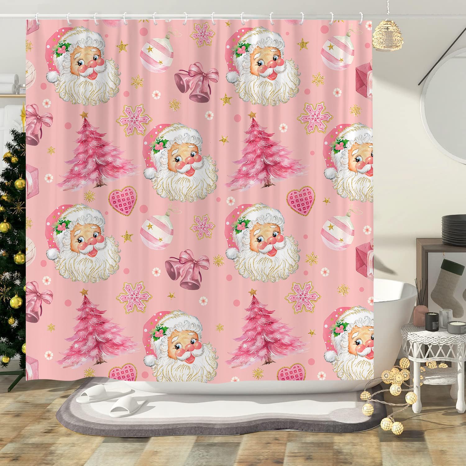 Christmas Pink Santa Claus Shower Curtain for Holiday Decoration, Cute Funny Winter Xmas Snowflake Snowy Pine Tree Pink Shower Curtain for Merry Christmas Holiday Bathroom with 12PCS Hooks, 70X75IN