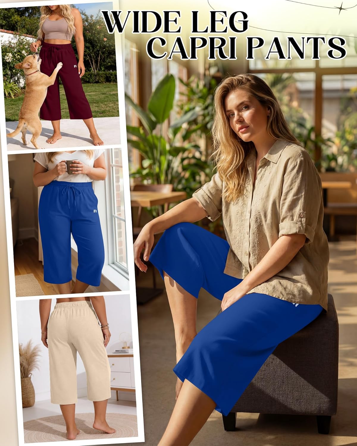 Neer 3 Pack Women's Plus Size Capris,Wide Leg Loose Pants Casual Drawstring Capri Sweatpants Drawstring Pants with Pockets - Image 3