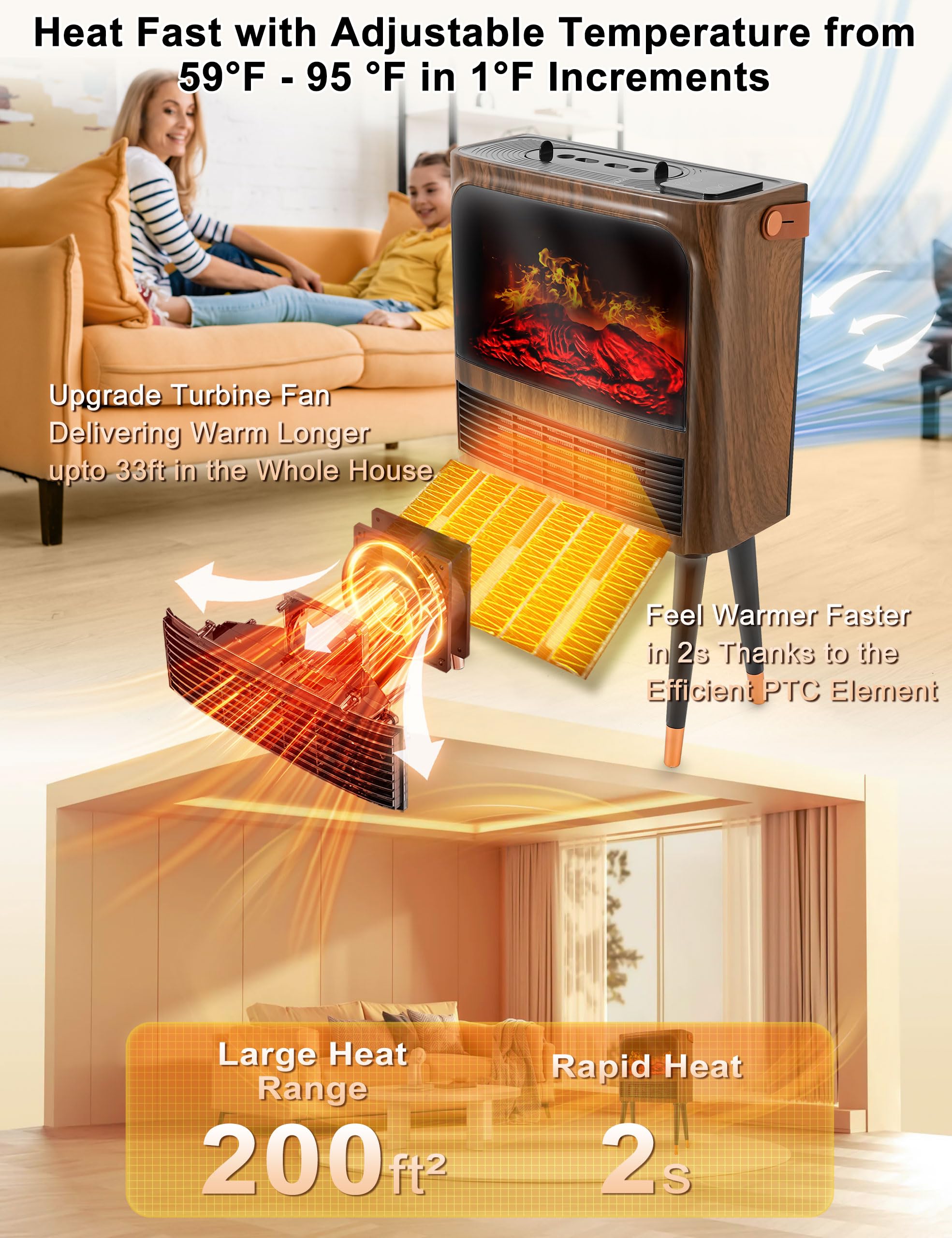 Calentador de chimenea eléctrico con llama realista 3D, humidificador, termostato, protección de seguridad, control remoto, temporizador, calentador de espacio eléctrico, calentador de chimenea 3