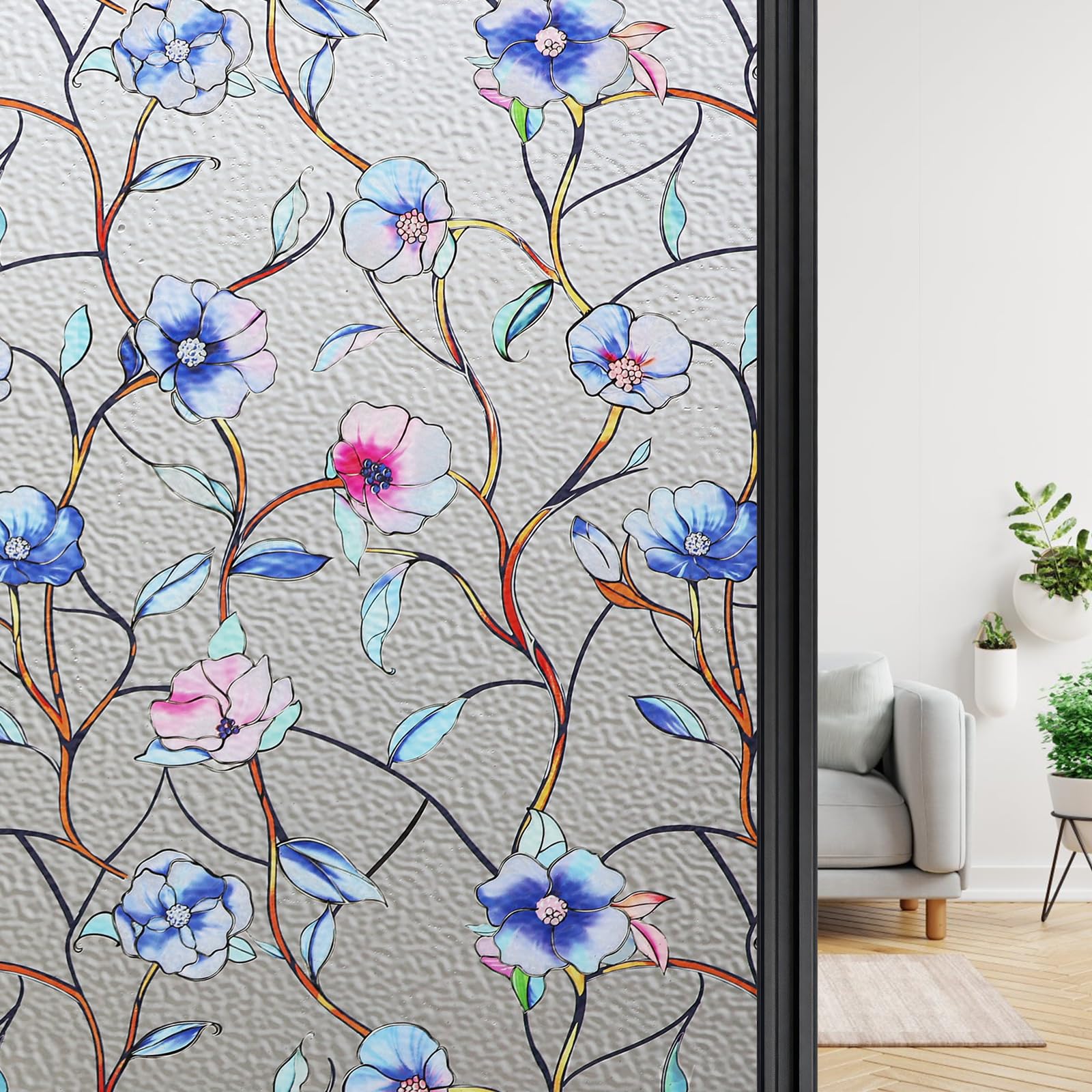 ConCus-T Blue Pink Flower Window Film Privacy Static Cling, 44.5 X 200 CM