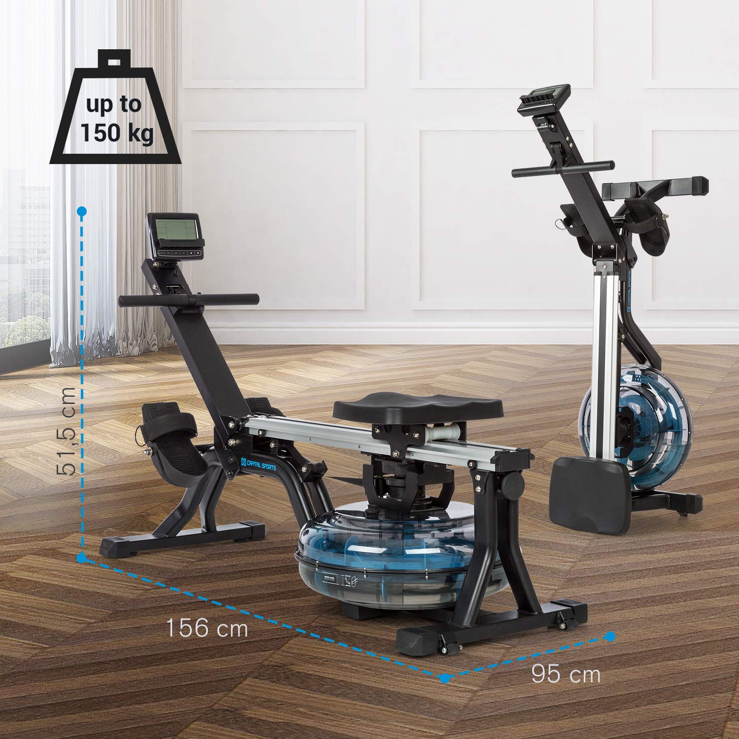 Capital Sports Flow wioślarz wodny, prowadnica ślizgowa 80 cm, opór wody: 8 poziomów/maks. 13 l, kompaktowy, komputer treningowy z wyświetlaczem LC, uchwyt na tablet, aluminium/stal