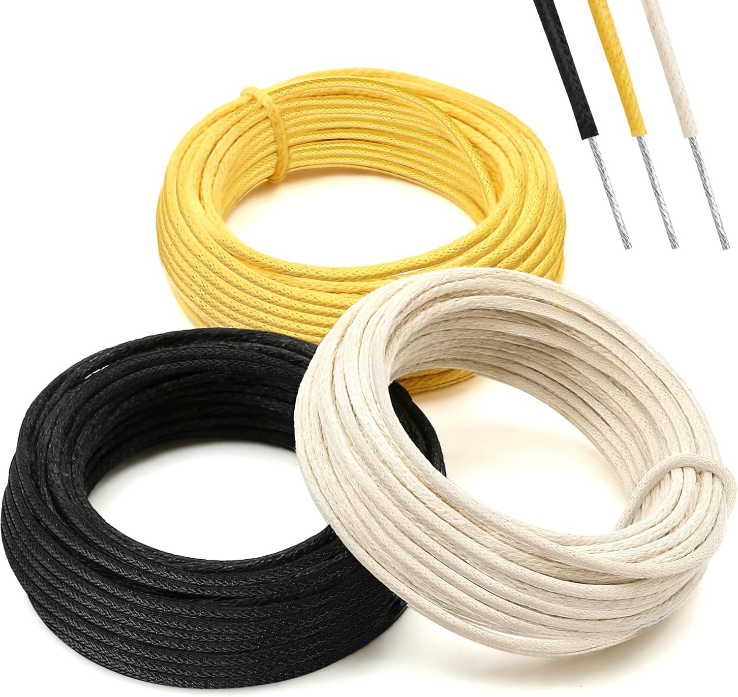 Enhon 60FT Cloth Covered Pushback Guitar Wire Set, Vintage Style Waxed Braided Guitar Wiring Kit, 22AWG Pre-tinned Stranded Copper Wire for Electric Guitars (20ft Black/20ft White/20ft Yellow)