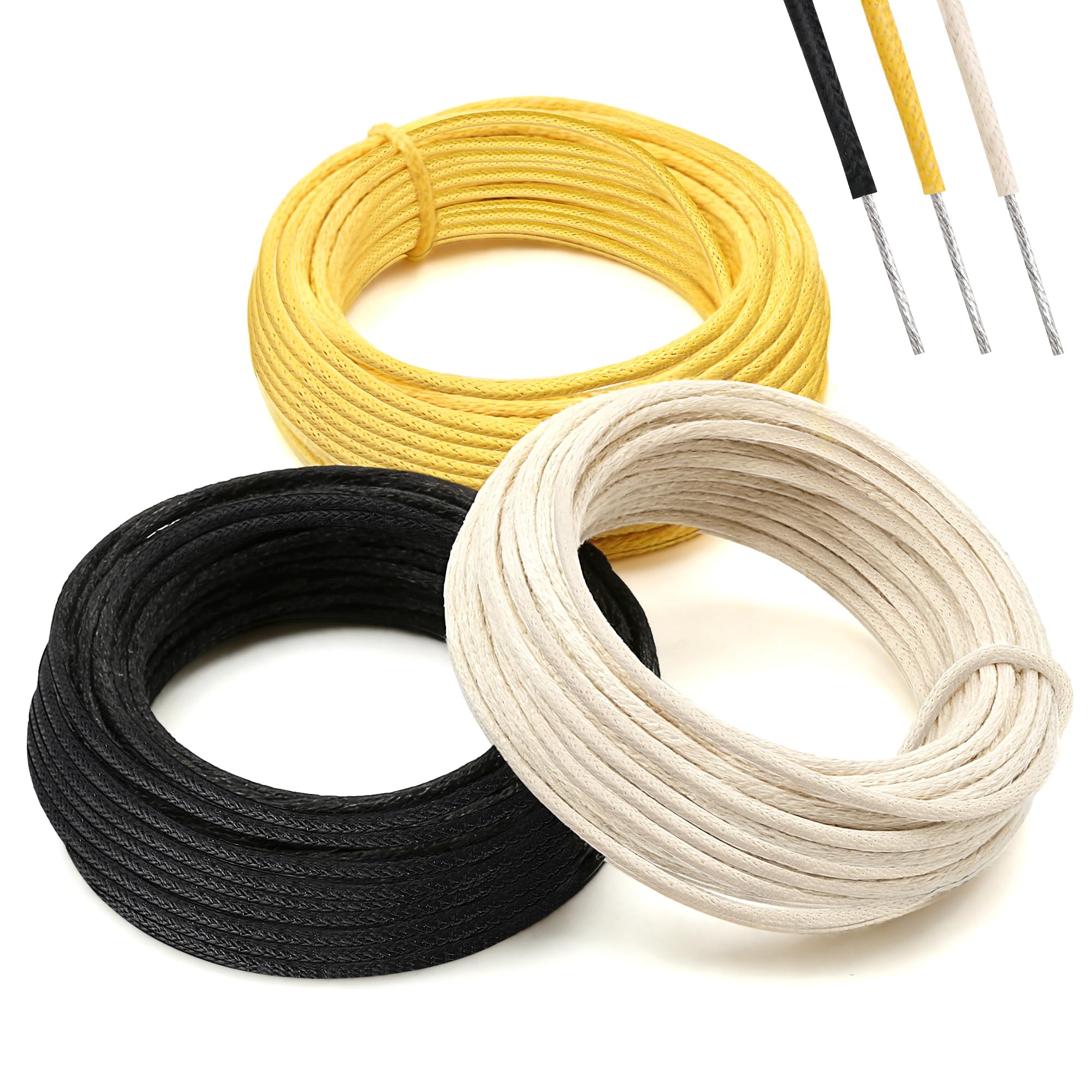 Enhon 60FT Cloth Covered Pushback Guitar Wire Set, Vintage Style Waxed Braided Guitar Wiring Kit, 22AWG Pre-tinned Stranded Copper Wire for Electric Guitars (20ft Black/20ft White/20ft Yellow)