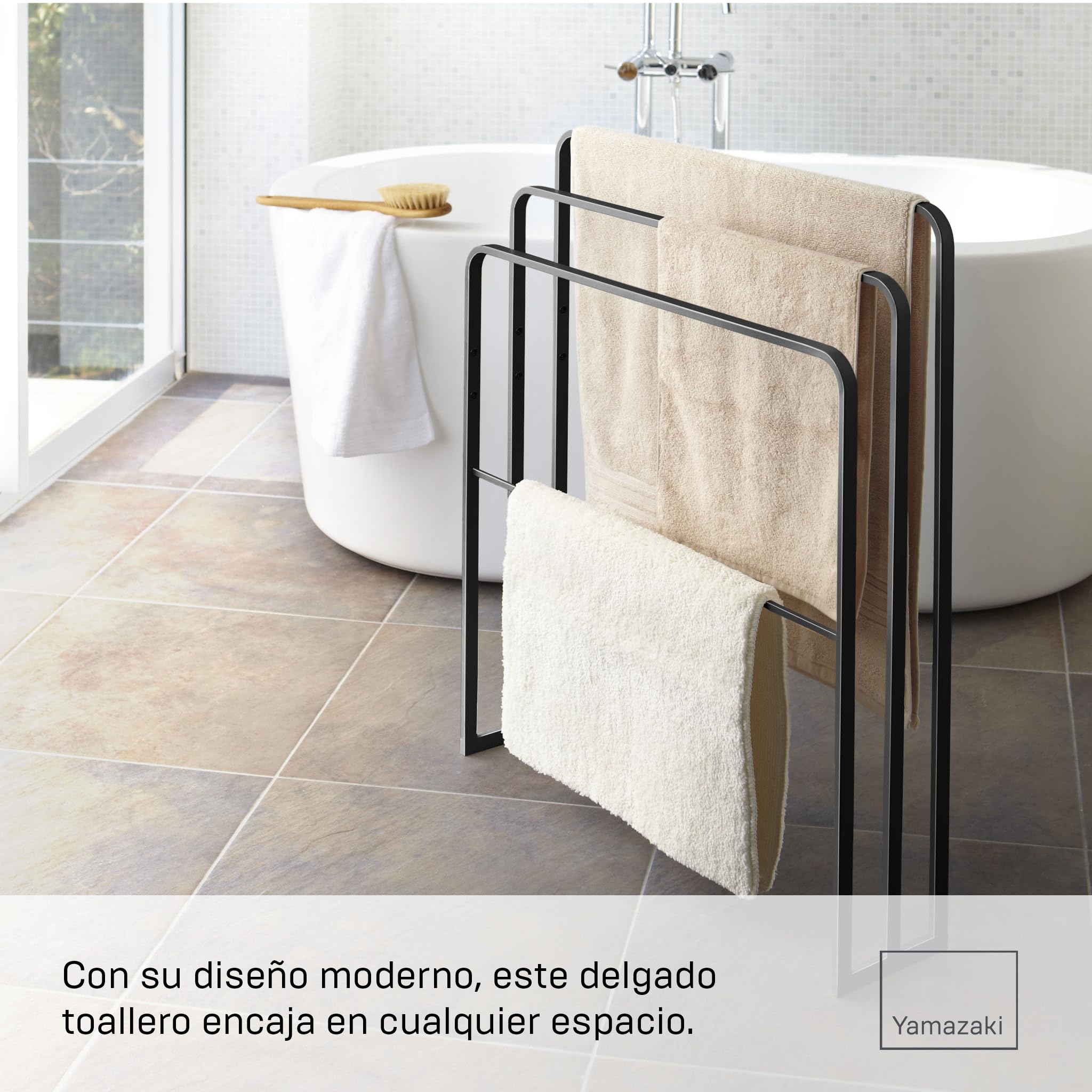 Yamazaki 4980 Tower Colgador De Toallas De Baño con 3 Barras, Negro, Acero, diseño Minimalista, 70 x 14 x 81 cm (L x An x Al)