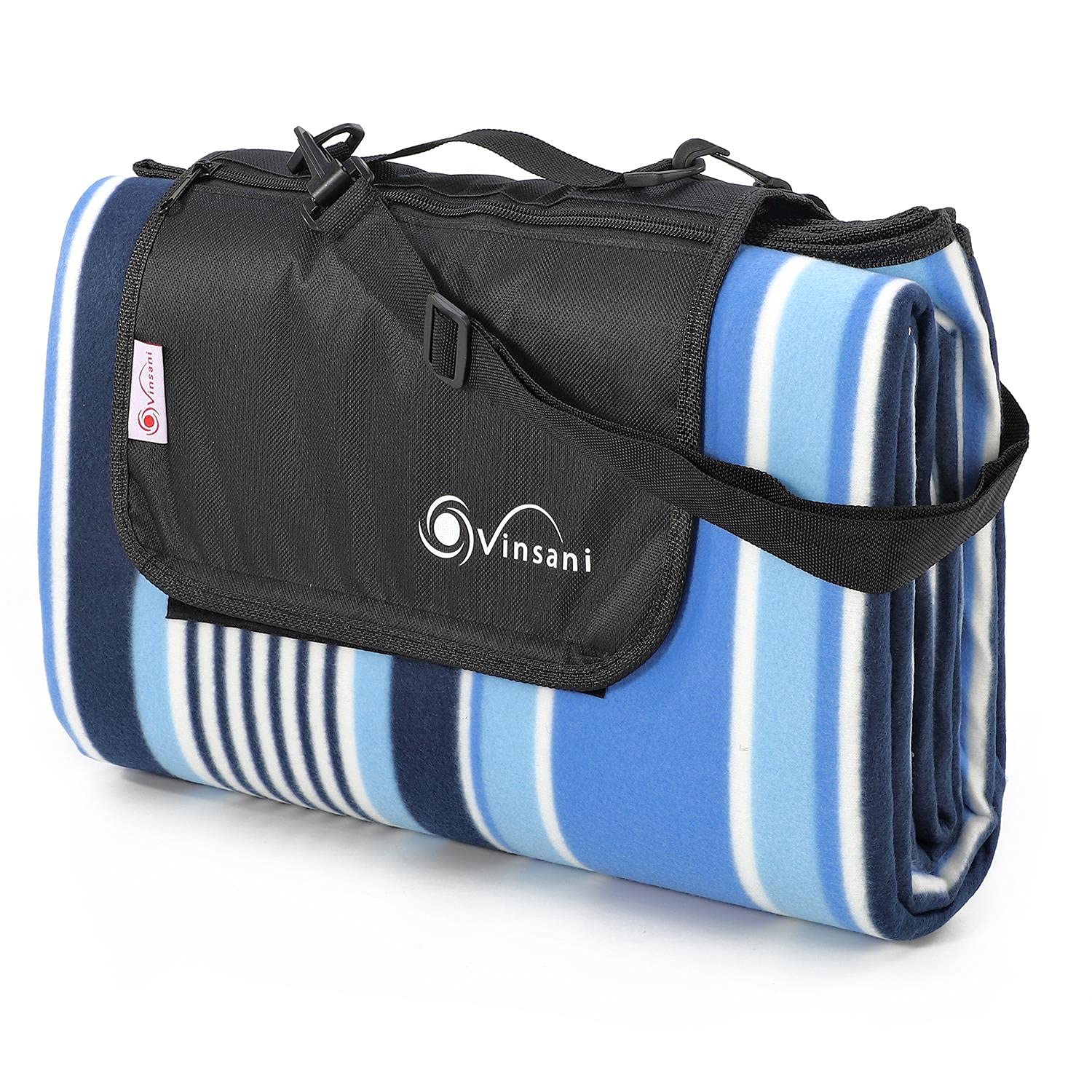 Vinsani Foldable Picnic Blanket 200 x 200 cm - Anti-Slip, Durable Waterproof & Sand Proof Outdoor Rug Mat for Camping, Beach, Hiking, Park & Garden, Easy to Carry, Machine Washable | Blue Stripe