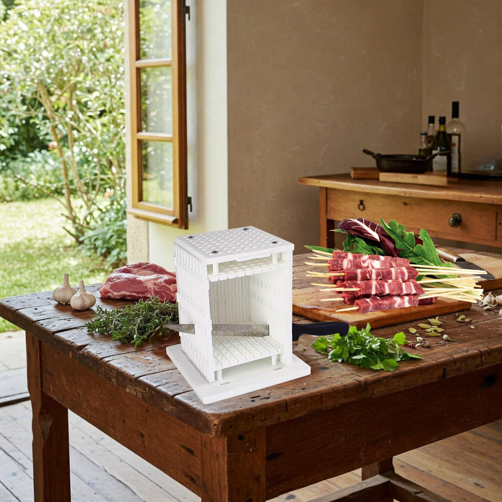 CUBO ARROSTICINI 81 pezzi con coltello e 100 stecconi - Macchina per Arrosticini, Spiedini di Carne, Pesce, Kebab, Souvlaki - Facile Produzione professionale in casa
