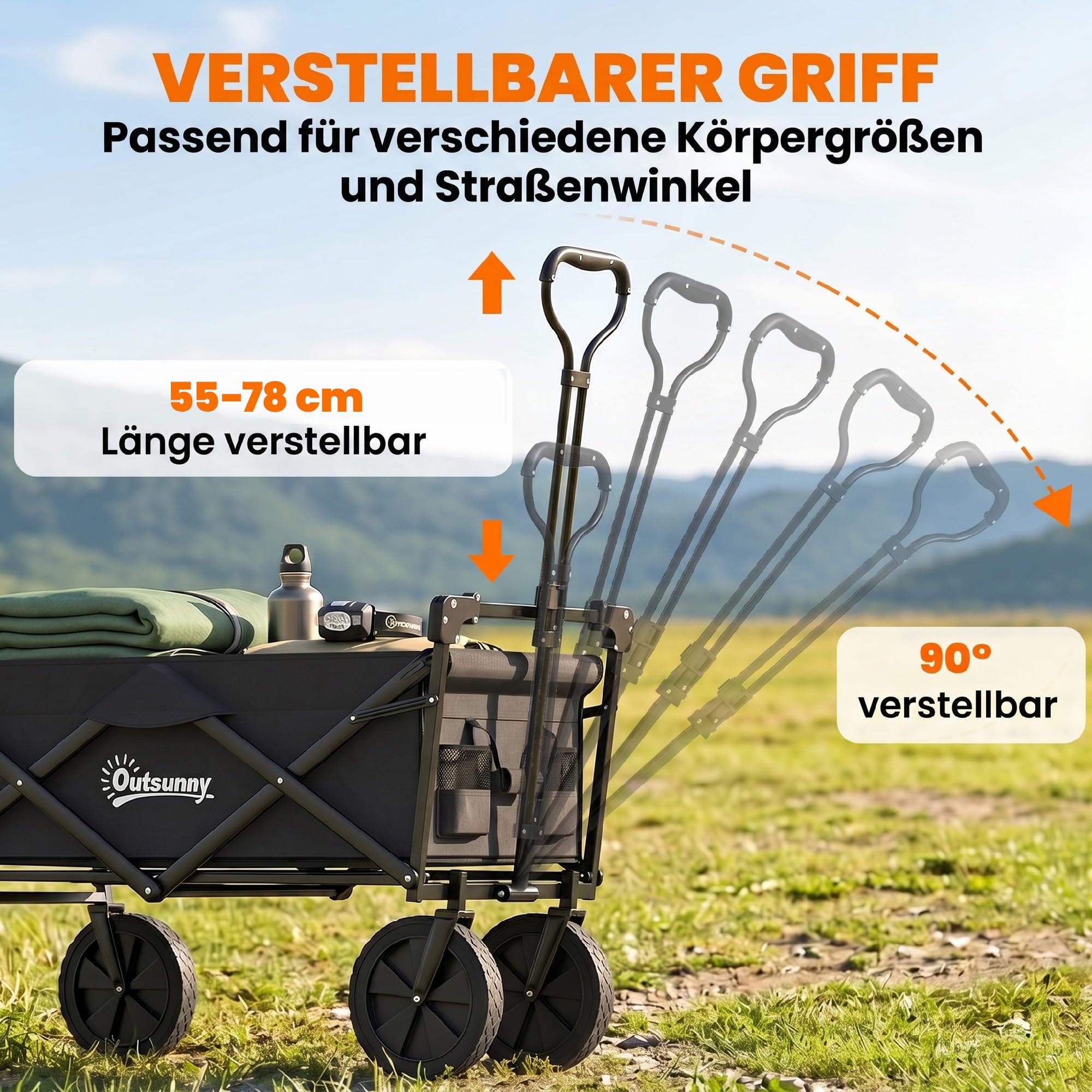 Outsunny Bollerwagen Faltbar Transportwagen mit Sonnendach 100 kg Schwarz | Handwagen mit Griff, Gartenwagen mit Tragetasche, Oxford