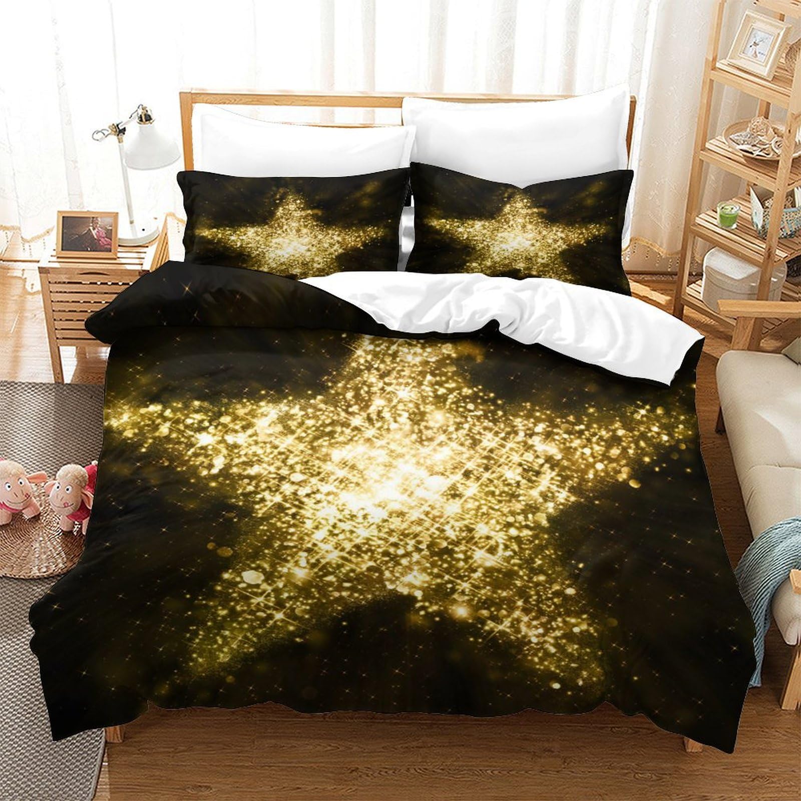 GDEKCIEAS Blinking Gold Glitter Star Boys Bedding Set,3Pcs Ultra Soft Duvet Cover,Lightweight Microfiber Quilt Cover for Teens,Kids,Adults,Girls,Boys, Breathable,Zipper,Easy Care Single（140x200cm）
