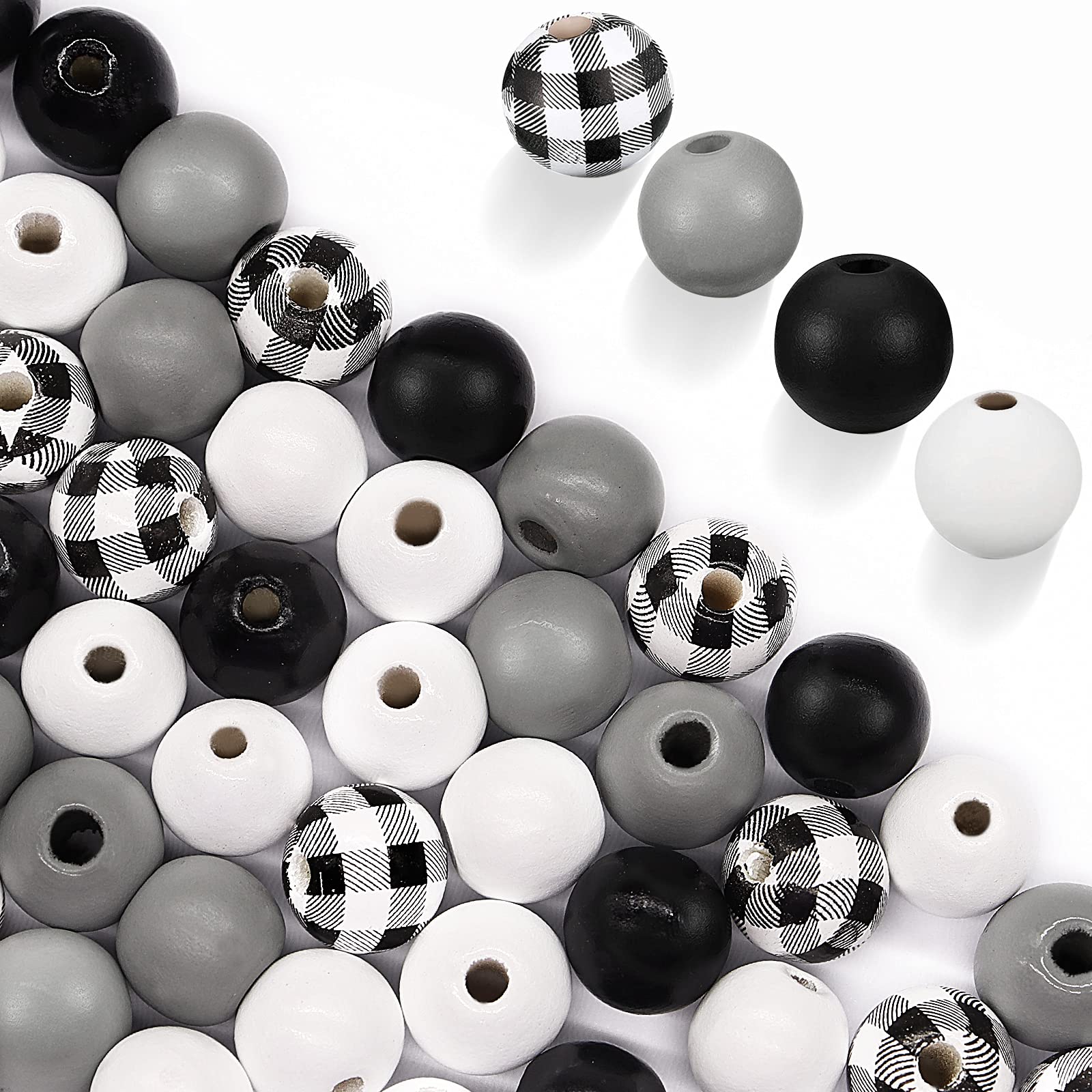 200Pcs Easter Black Gray White Buffalo Plaid Natural Print Wooden Beads Rustic Farmhouse Unfinished Beads Used for Garland, Farmhouse Decor, Jewelry Making