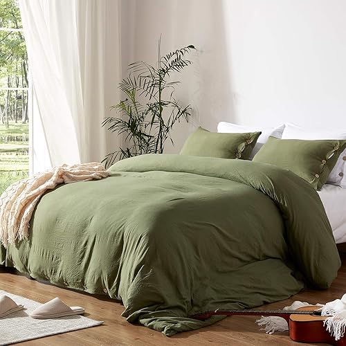 Miniatura 2 de NexHome Juego de funda de edredón tamaño queen, verde olivo, microfibra doble cepillado, cierre de botón y lazos de esquina, transpirable y suave, 3