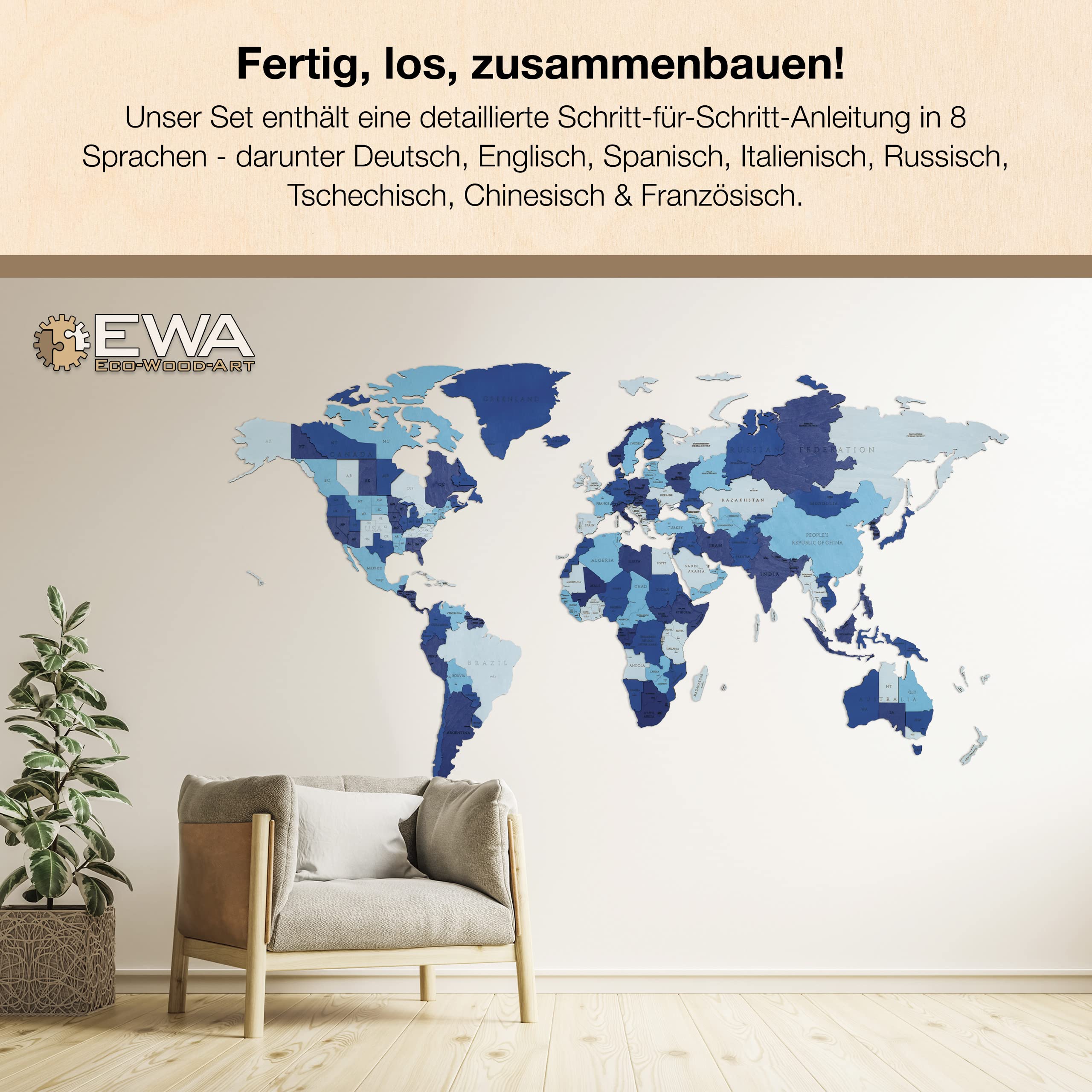EWA Eco-Wood-Art Weltkarte Kinderzimmer – DIY 3-lagiges Puzzle Wanddekoration Schlafzimmer – Holz für Erwachsene & Jugendliche ab 14 Jahren – Medium, 126 Teile – Choco World