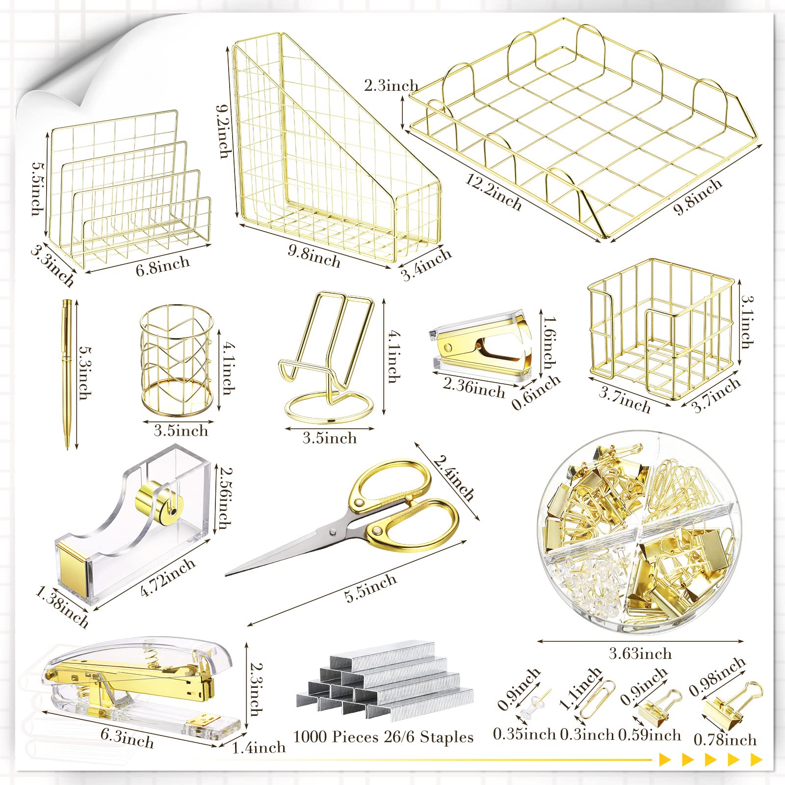 13-teiliges Schreibtisch-Organizer, Bürozubehör-Set, Magazin-Aktenordner, Briefsortierer, Stift, Becher, Notizhalter, Handyhalter, Heftklammern, Kugelschreiber, Schere für Zuhause (Gold)
