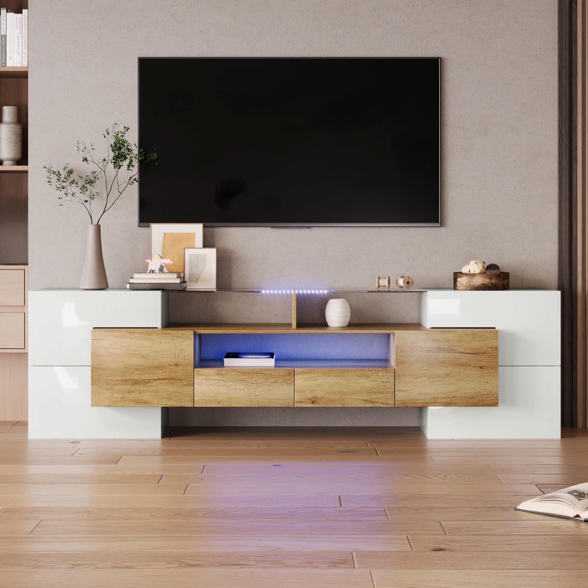 TV Schrank mit 2 Schubladen und LED-Beleuchtung, TV Lowboard für 60-69-Zoll-Fernseher, Fernsehschrank Wohnzimmerschrank mit Hochglanz, TV Möbel Wohnzimmer Möbel, 200x35x60 cm, Natur