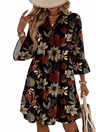 HOMEYEE Womens Sundresses Vacation 2026 Boho Floral Casual V Neck Ruffle 3/4 Sleeve Tiered Boho Mini Dress
