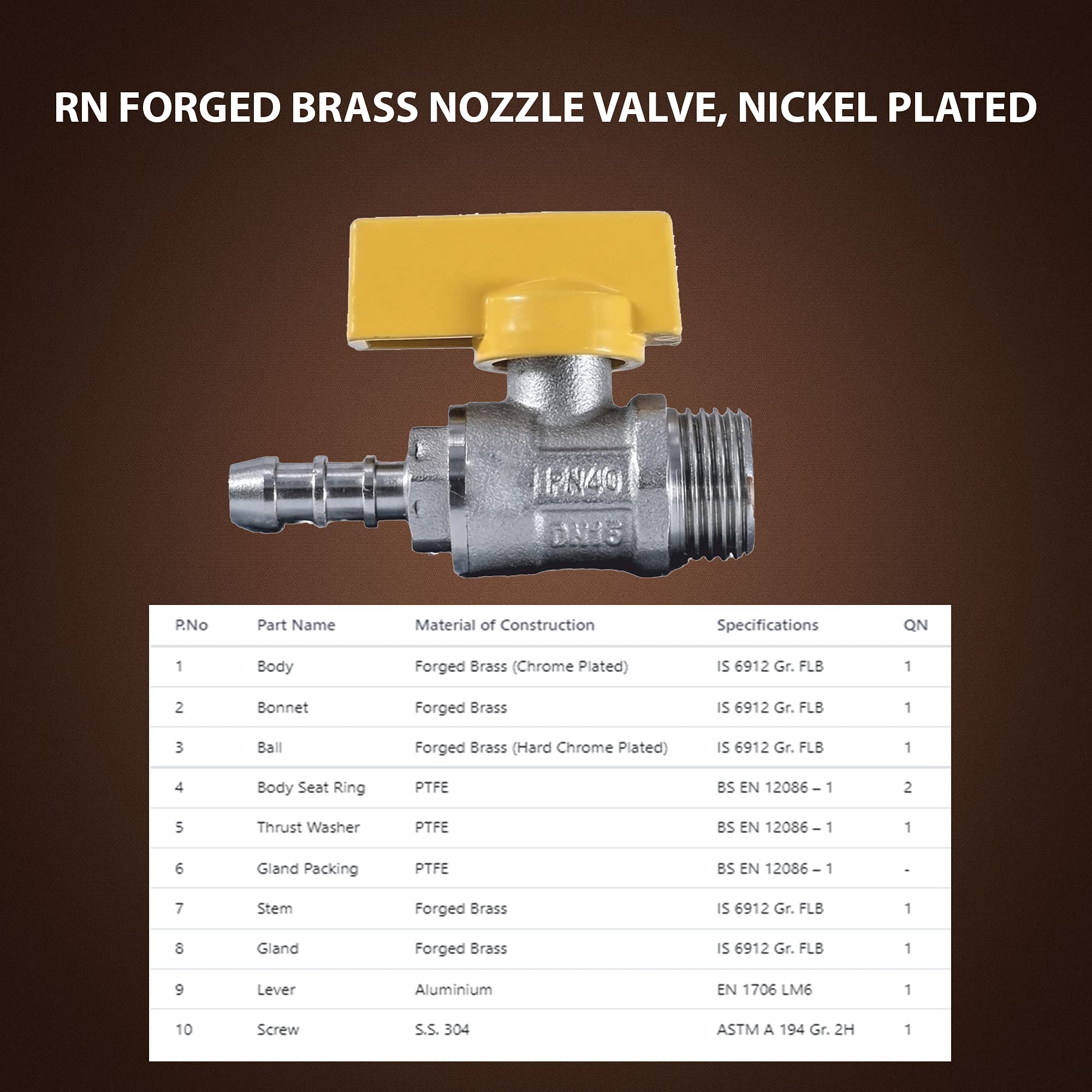 RN Forged Brass Nozzle Valve, Nickel Plated