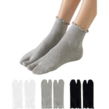Yawlsow 3 Pairs Ruffle Tabi Socks for Women Flip Flop Split Toe Frilly Cotton Sports Casual Socks