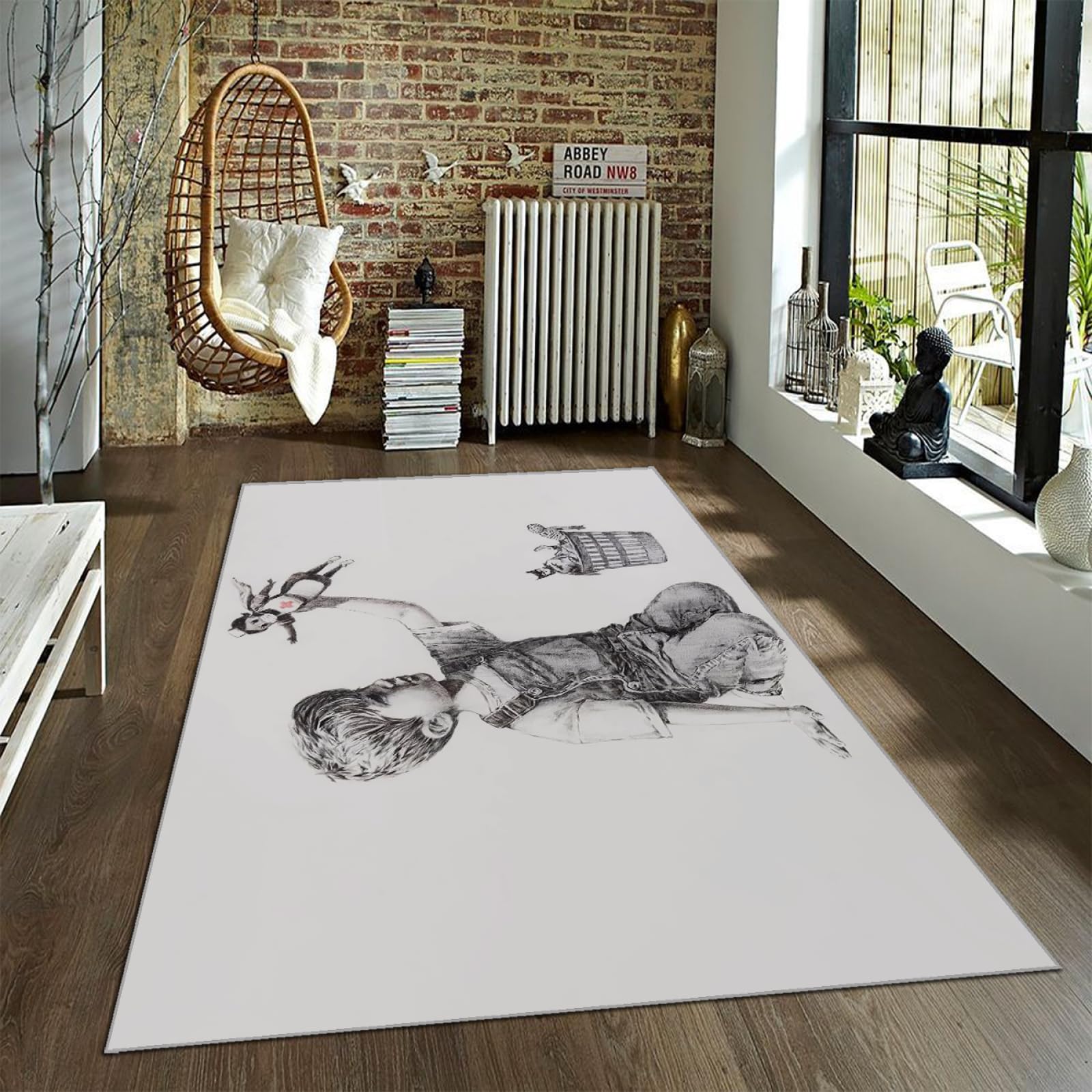 Tapis de sol style Banksy blanc 180x270 cm pour le salon