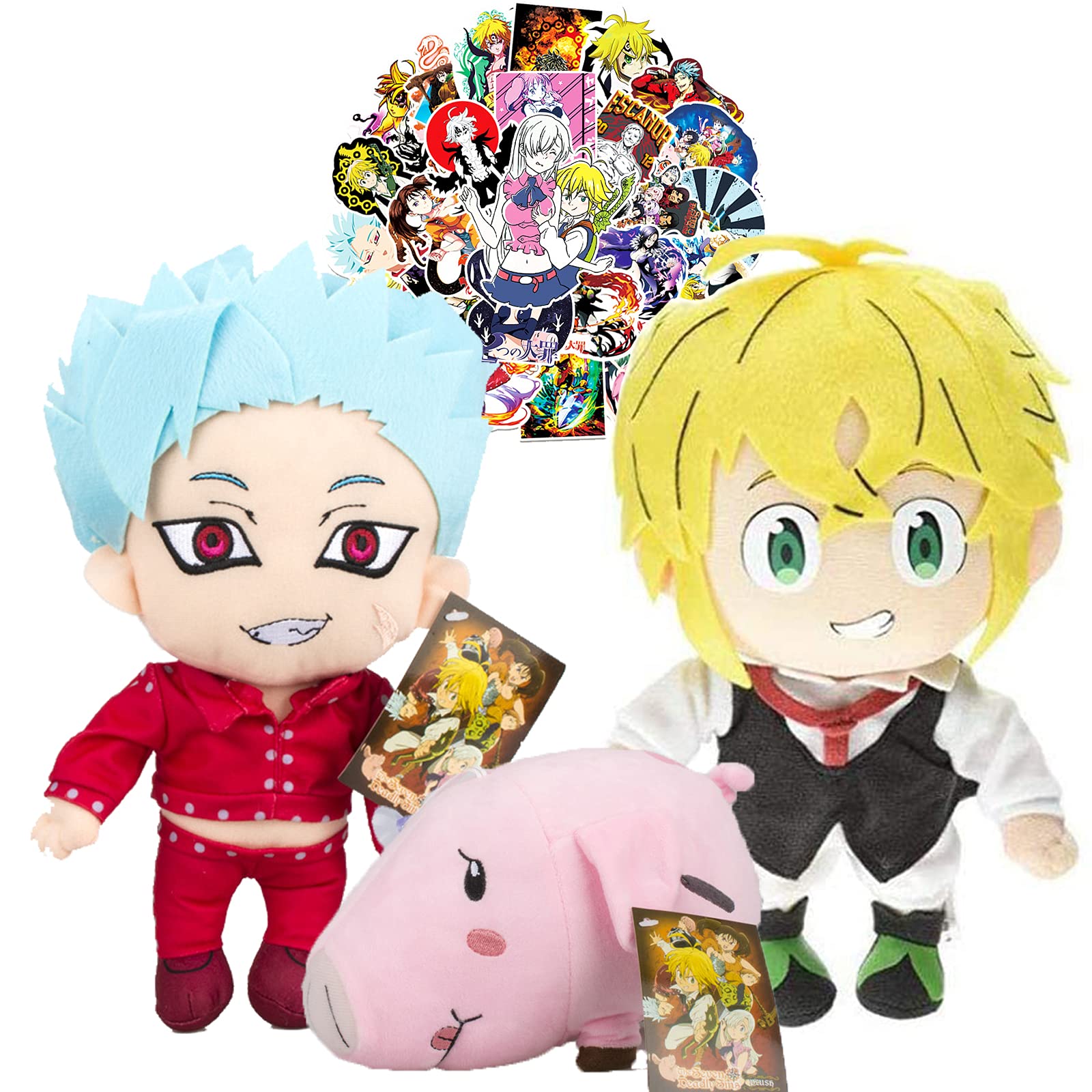 3pcs The Seven Deadly Sins Plush Toy Come with Stickers, 7.8in Meliodas Doll Hawk Pig Stuffed Animal