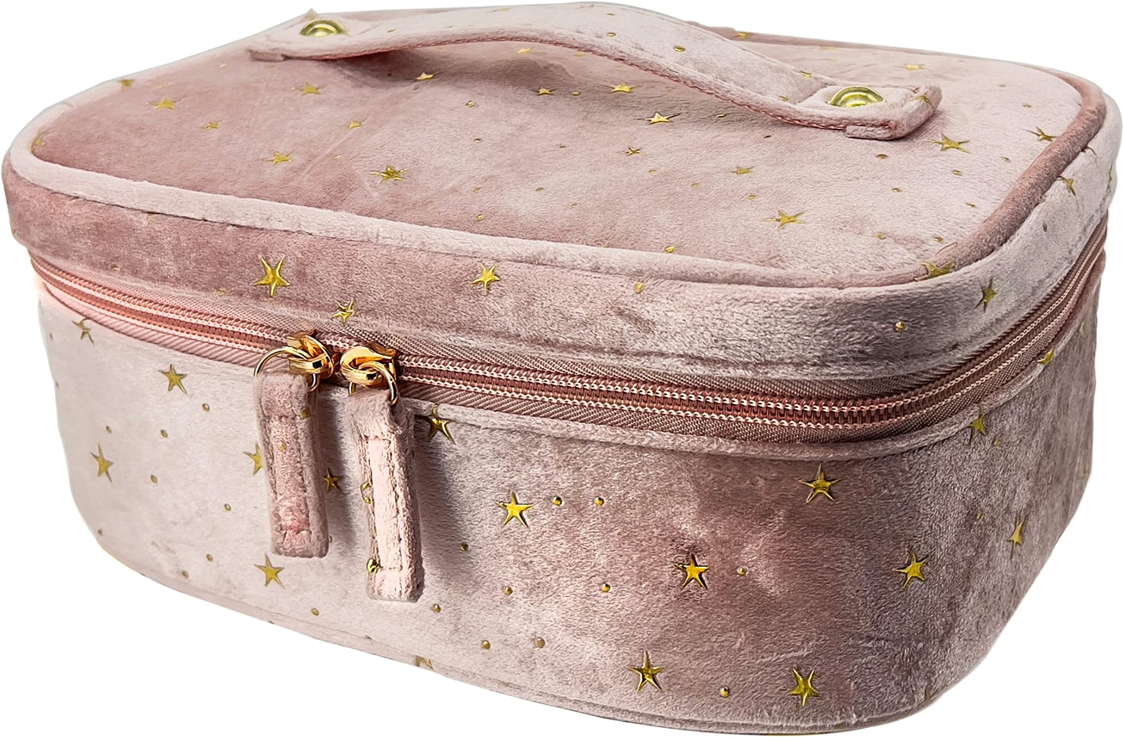 OFRANKVelvet Makeup Bag with Handle Cosmetic Bag Organizer Portable Travel Pouch Storage Toiletry Bag for Women and Girls, Elegant Vintage Starry Pattern (Pink)