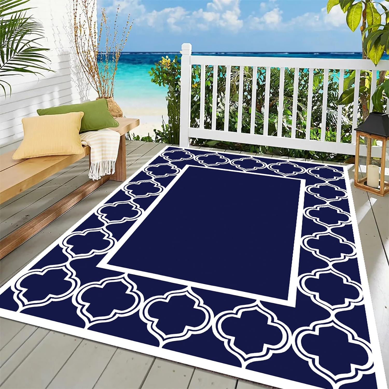 Wodoodporny Dywanik na Zewnątrz do Dekoracji na Patio,150x240cm Składany Odwracalny Dywanik z Plastikowej Słomy na Kemping,Tarasu,Werandy,Piknik,Plażę,Balkon,Kolorze Niebiesko-Białym