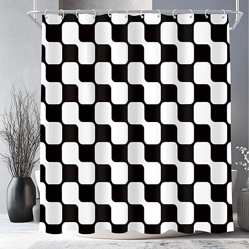 Miniatura 16 de Cinbloo Cortina de ducha retro verde salvia a cuadros de 72 pulgadas de ancho x 72 pulgadas de alto, abstracto, Y2K, lindo tablero de ajedrez beige,