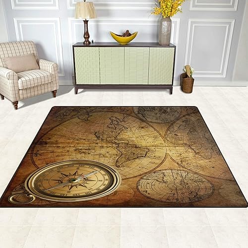 Miniatura 5 de ALAZA Alfombra vintage de brújula con mapa del mundo, para sala de estar, dormitorio, 7 x 5 pies
