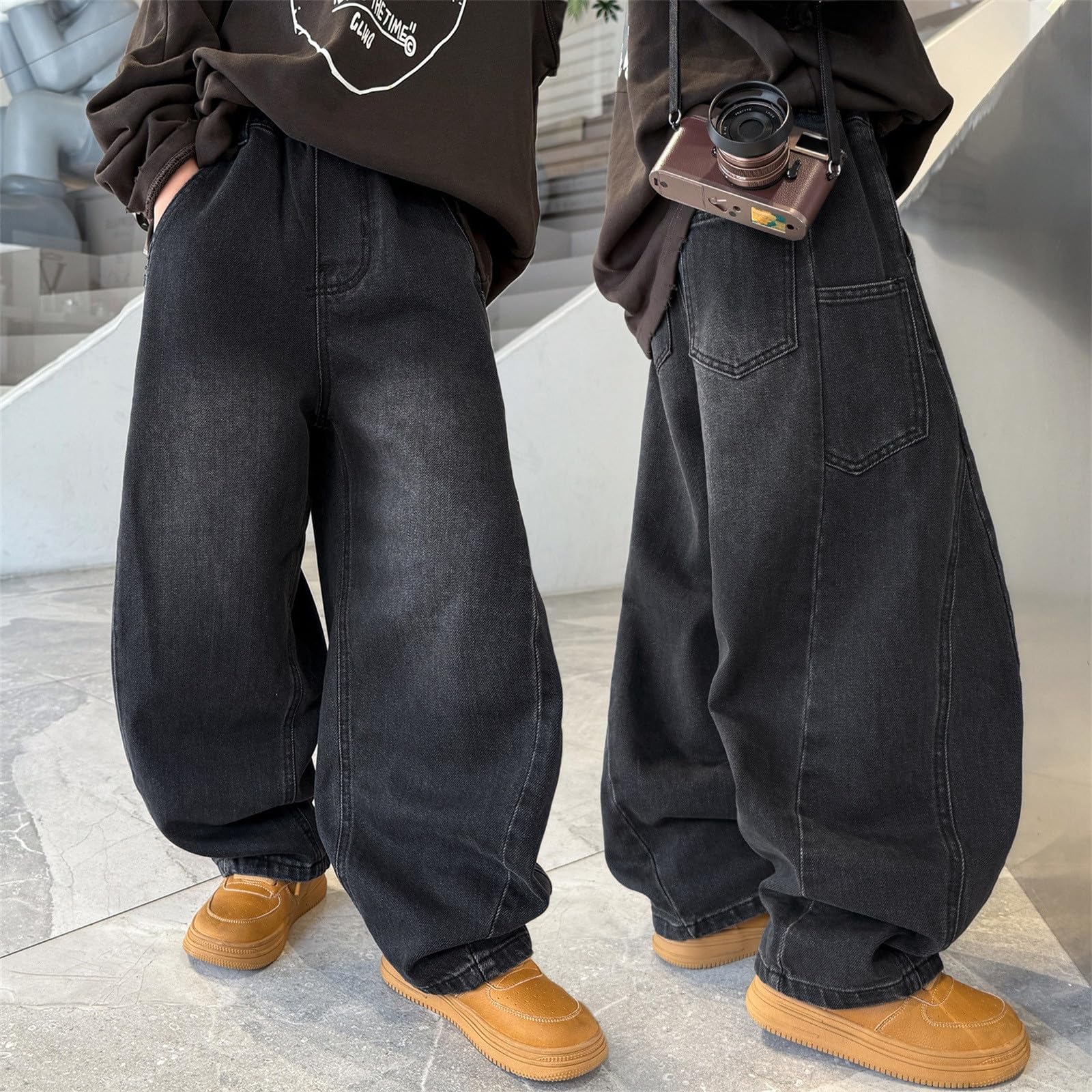 Pantalones Vaqueros para niños, Pierna Recta, Patchwork, Pierna Ancha, Casuales, Ajuste Holgado, Largos de otoño, Cintura elástica, Bolsillos, Color Azul Claro con Parches, Juveniles y Modernos.