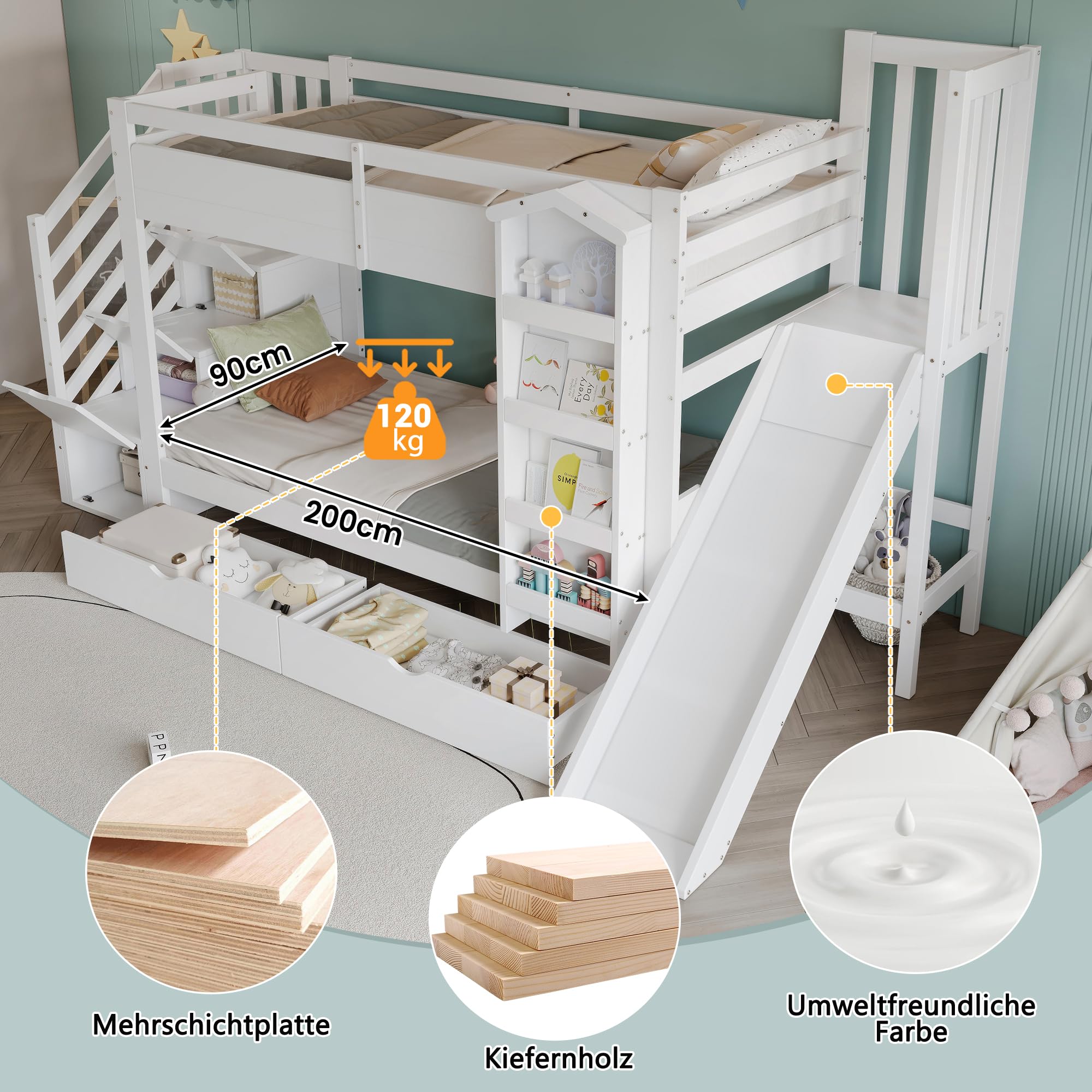 Litera, cuna, con estante para libros, dos cajones con ruedas y tobogán infantil, armario de almacenamiento para escaleras, pino + MDF + madera contrachapada, blanco, 90 x 200 cm