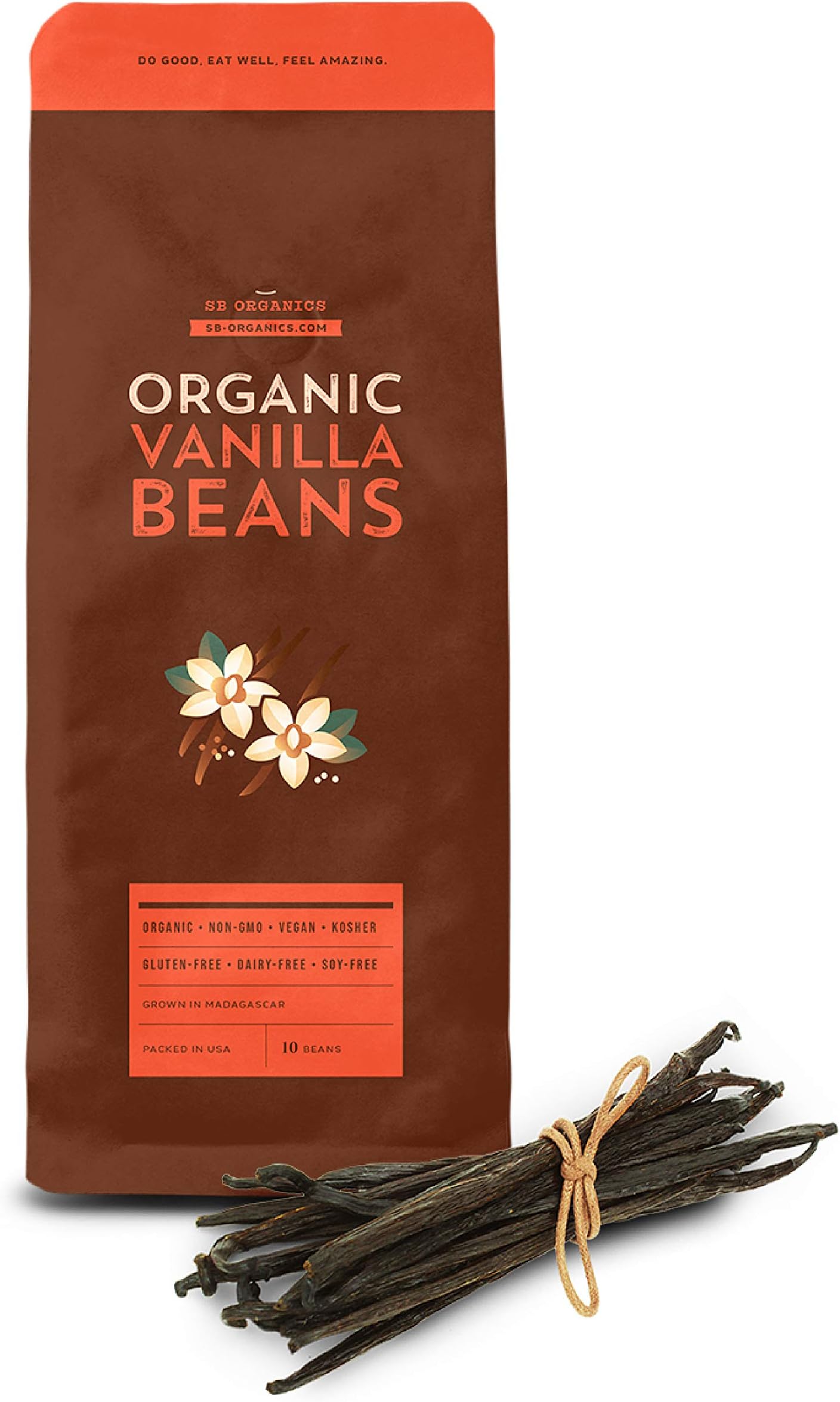 SB Organics Whole Vanilla Beans - Grade A Madagascar Bourbon Vanilla Bean Pods for Extract, Cooking and Baking - 10 Count Moist Vacuum Sealed