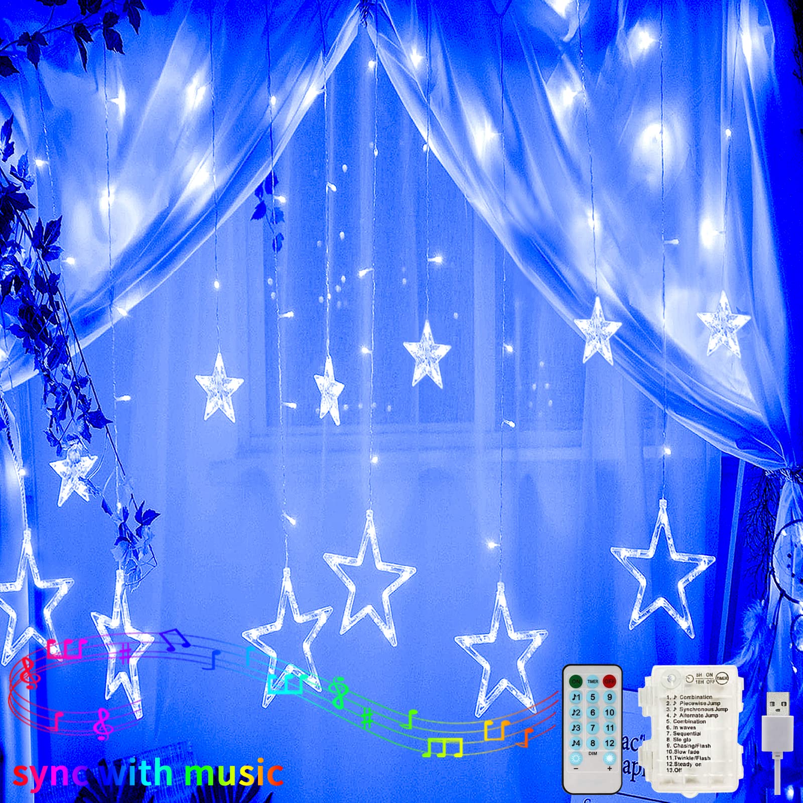 Hezbjiti Star Curtain Lights, 12 Stars Window Lights, 12 Modes Star Fairy Lights, Sync with Music & Timer Eid Decorations for Indoor Outdoor Bedroom Garden Birthday Party Wedding Holiday (Blue)