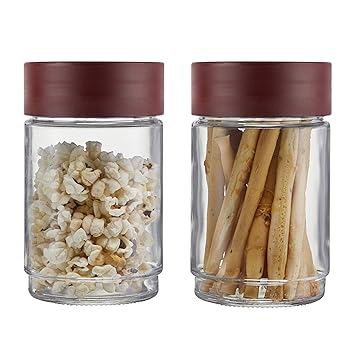 CELLO Modustack Glassy Storage Jar Set of 2 (750 ml x 2), Maroon | Glass Jar with Lid | Stackable | For Grains, Pulses, Spice, Cereals, Cookies, Dry Fruits | Fridge Storage Container - image, photos