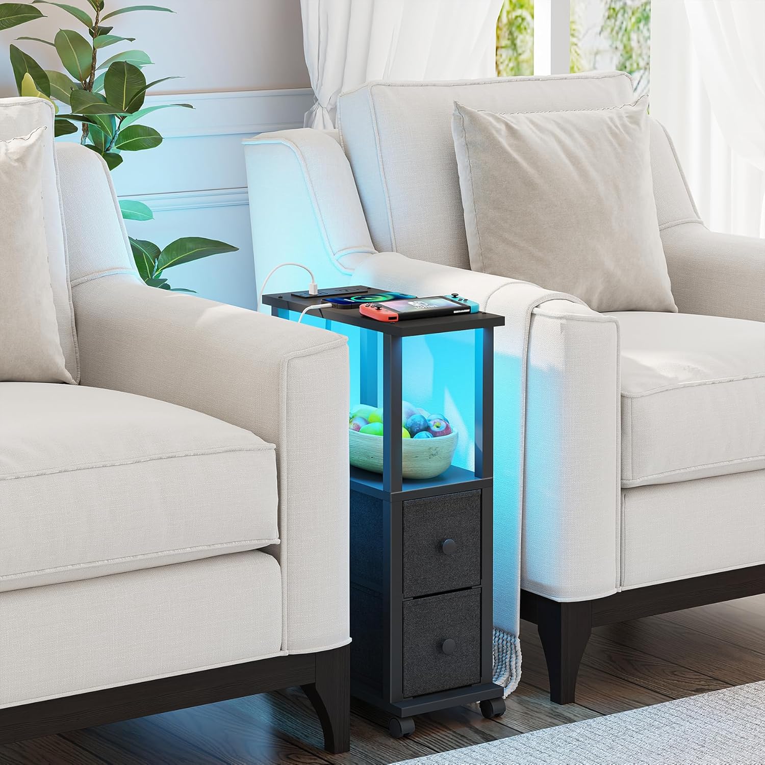 TUTOTAK Small Narrow End Tables, LED Side Tables with 2 Fabric Drawers, Set of 2, Bedside Tables with Charging Station for Small Spaces, Slim Nightstands with USB Ports and Wheels, TB01BK053L Black with LED Light & Outlets
