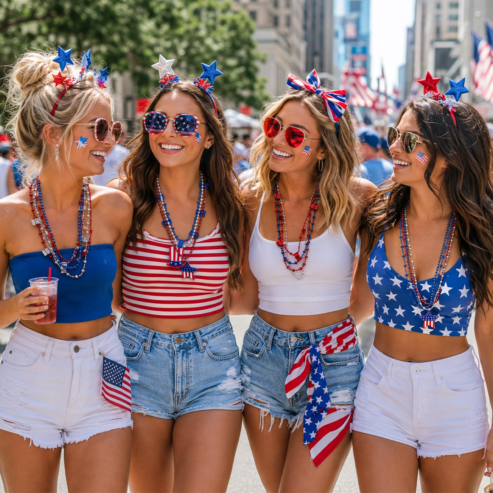 24 collares de cuentas del 4 de julio, accesorios patrióticos, a granel, estrellas rojas, blancas, azules, banderas de Estados Unidos, collares para decoraciones del 4 de julio, accesorios para el Día